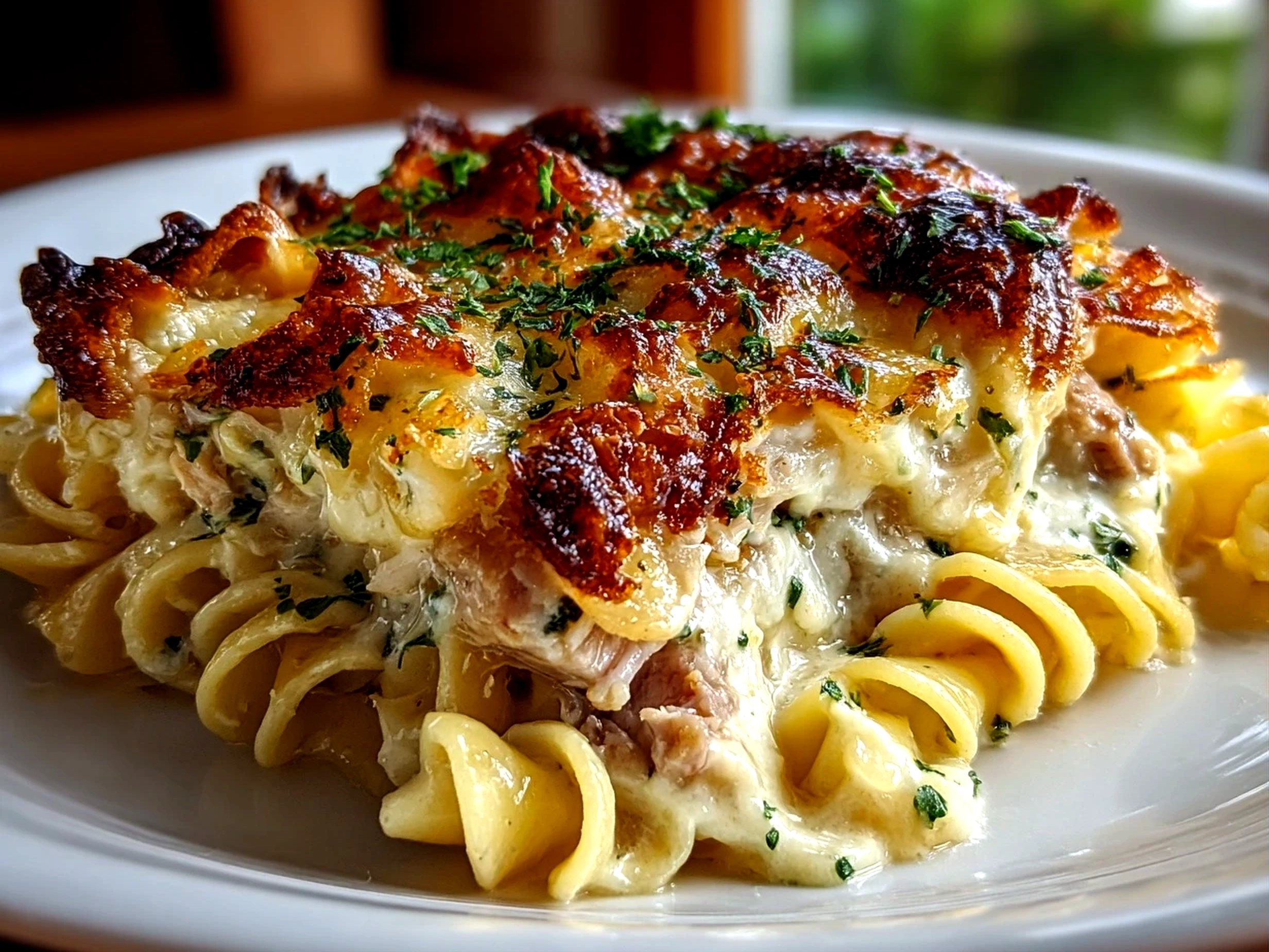 home cook, taken with iPhone 14 Pro. Close-up slight angle of freshly prepared Tuna Noodle Casserole on white plate. rich inviting --ar 4:3 --style raw --s 260