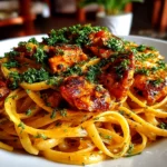 home cook, taken with iPhone 14. Close-up slight angle of comforting butter chicken linguine on white plate. warm appetizing --ar 4:3 --style raw --s 260