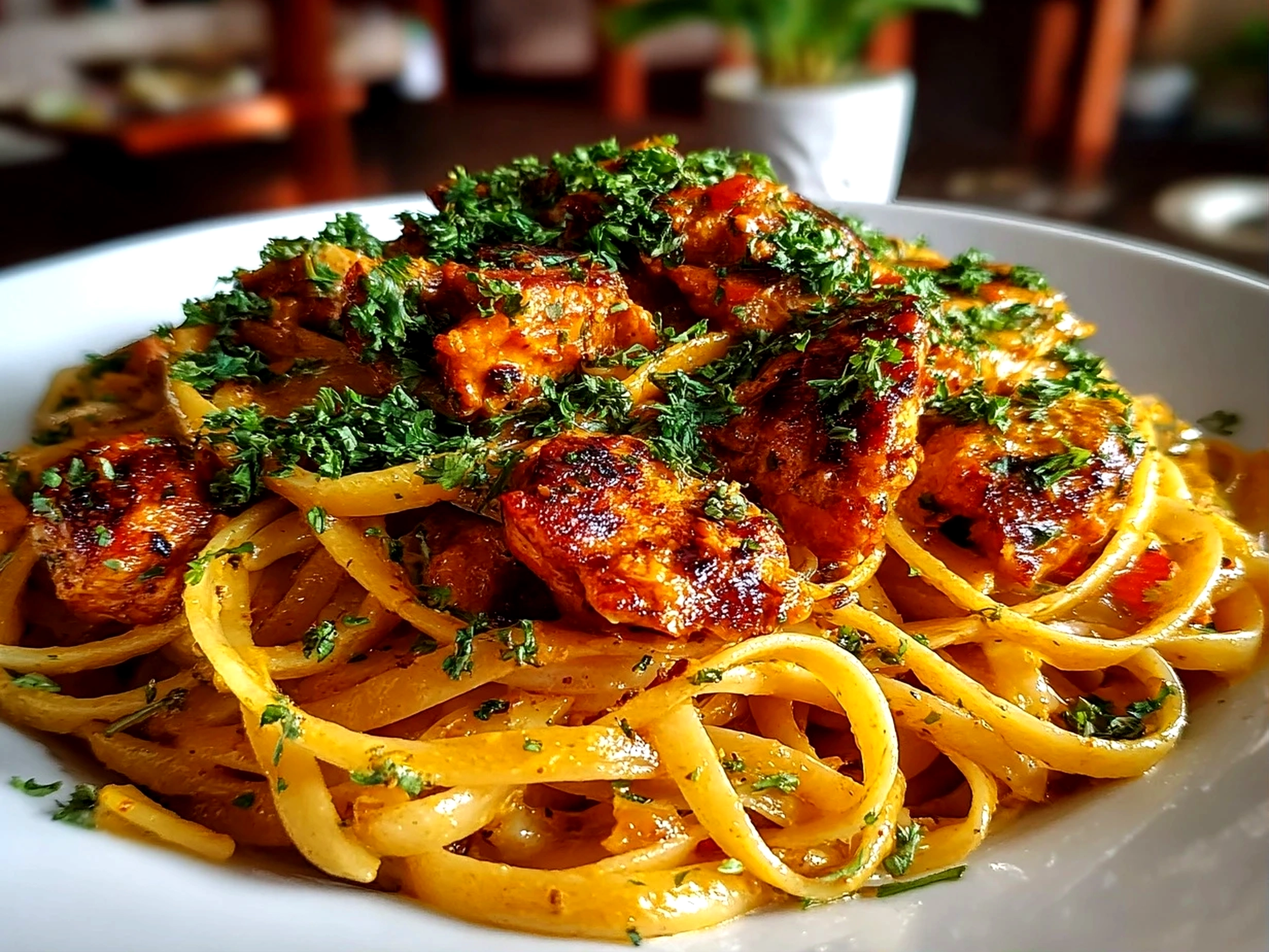 home cook, taken with iPhone 14. Close-up slight angle of comforting butter chicken linguine on white plate. warm appetizing --ar 4:3 --style raw --s 260