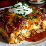 Home cook, taken with iPhone 15 Pro. Close-up slight angle of comforting Crockpot Chicken Enchilada Casserole on white plate. Hearty comforting --ar 4:3 --style raw --s 240