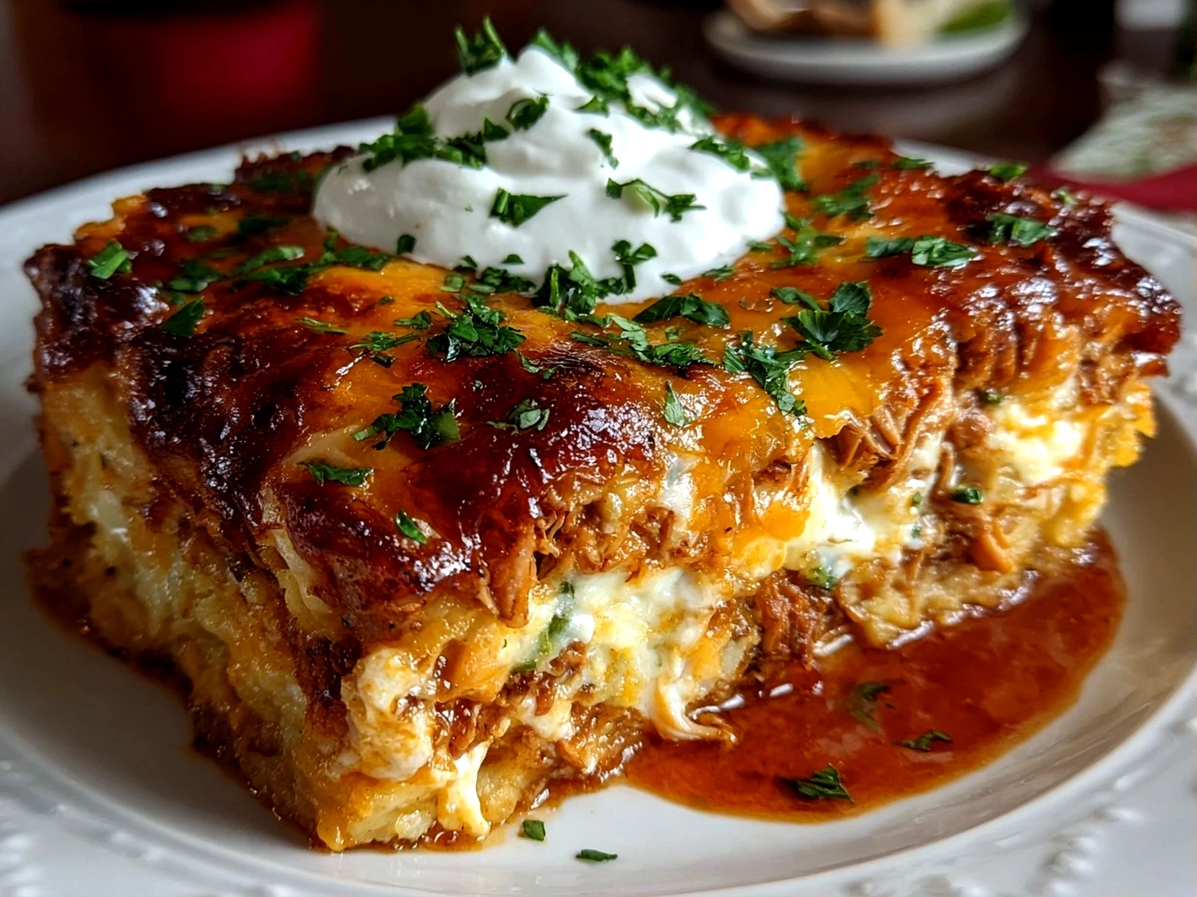 Home cook, taken with iPhone 15 Pro. Close-up slight angle of comforting Crockpot Chicken Enchilada Casserole on white plate. Hearty comforting --ar 4:3 --style raw --s 240