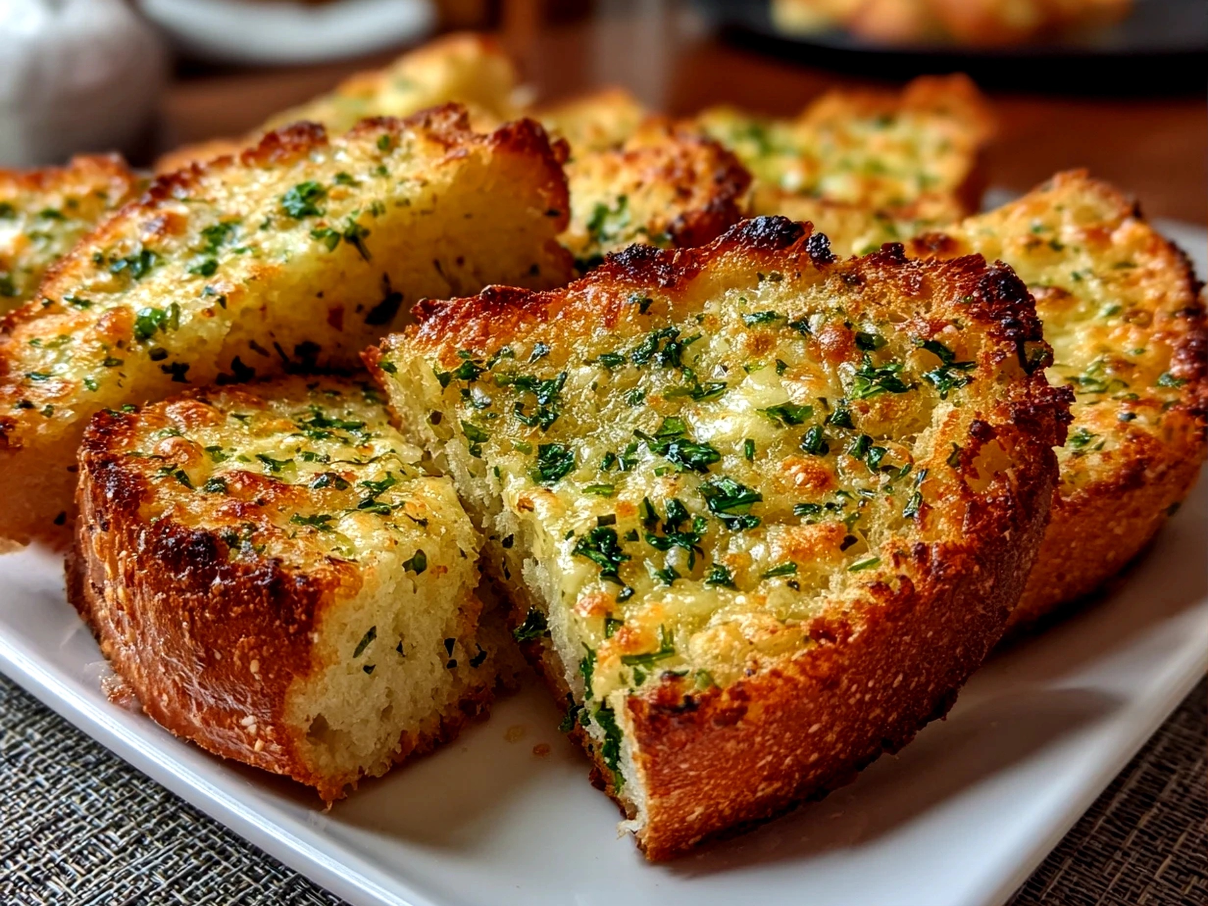 Home cook, taken with iPhone 15 Pro. Close-up slight angle of comforting garlic bread on white plate. warm appetizing --ar 4:3 --style raw --s 250