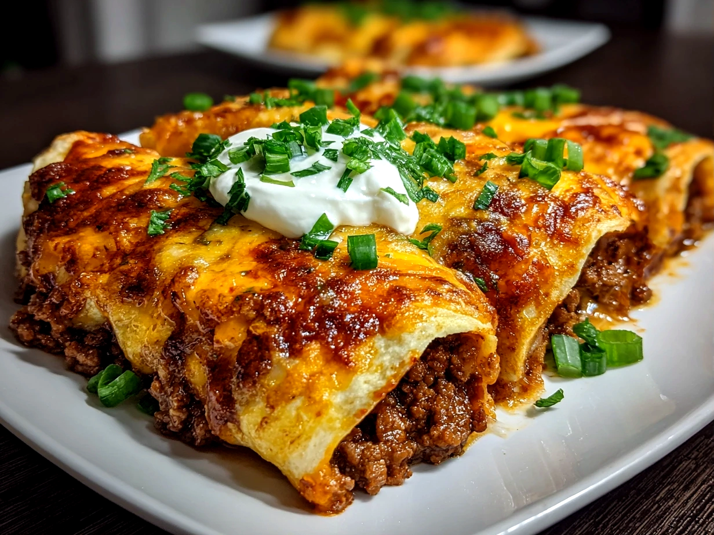 Home cook, taken with iPhone 15 Pro. Close-up slight angle of delicious Ground Beef Enchiladas on white plate. Warm appetizing --ar 4:3 --style raw --s 235