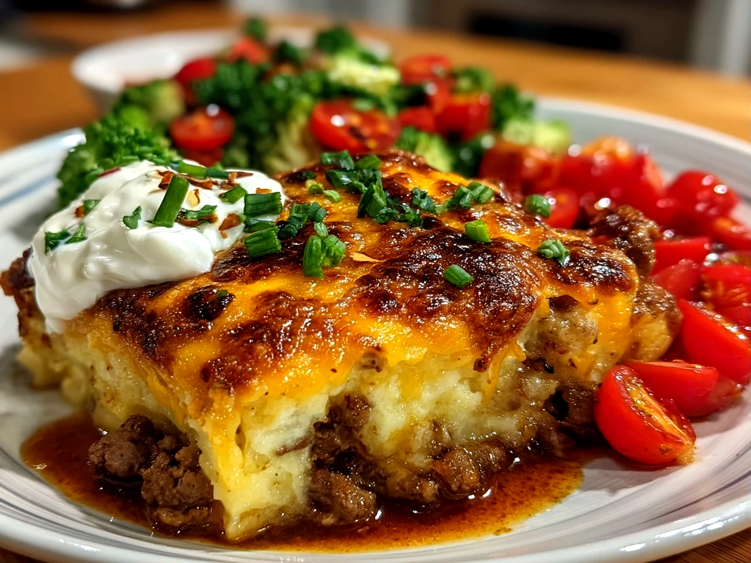 Close up of freshly baked comforting cheeseburger casserole served on a rustic kitchen table