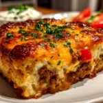 Home cooking, taken with iPhone 14. Close-up slight angle of comforting cheeseburger baked casserole on white plate. Mouthwatering --ar 4:3 --style raw --s 230