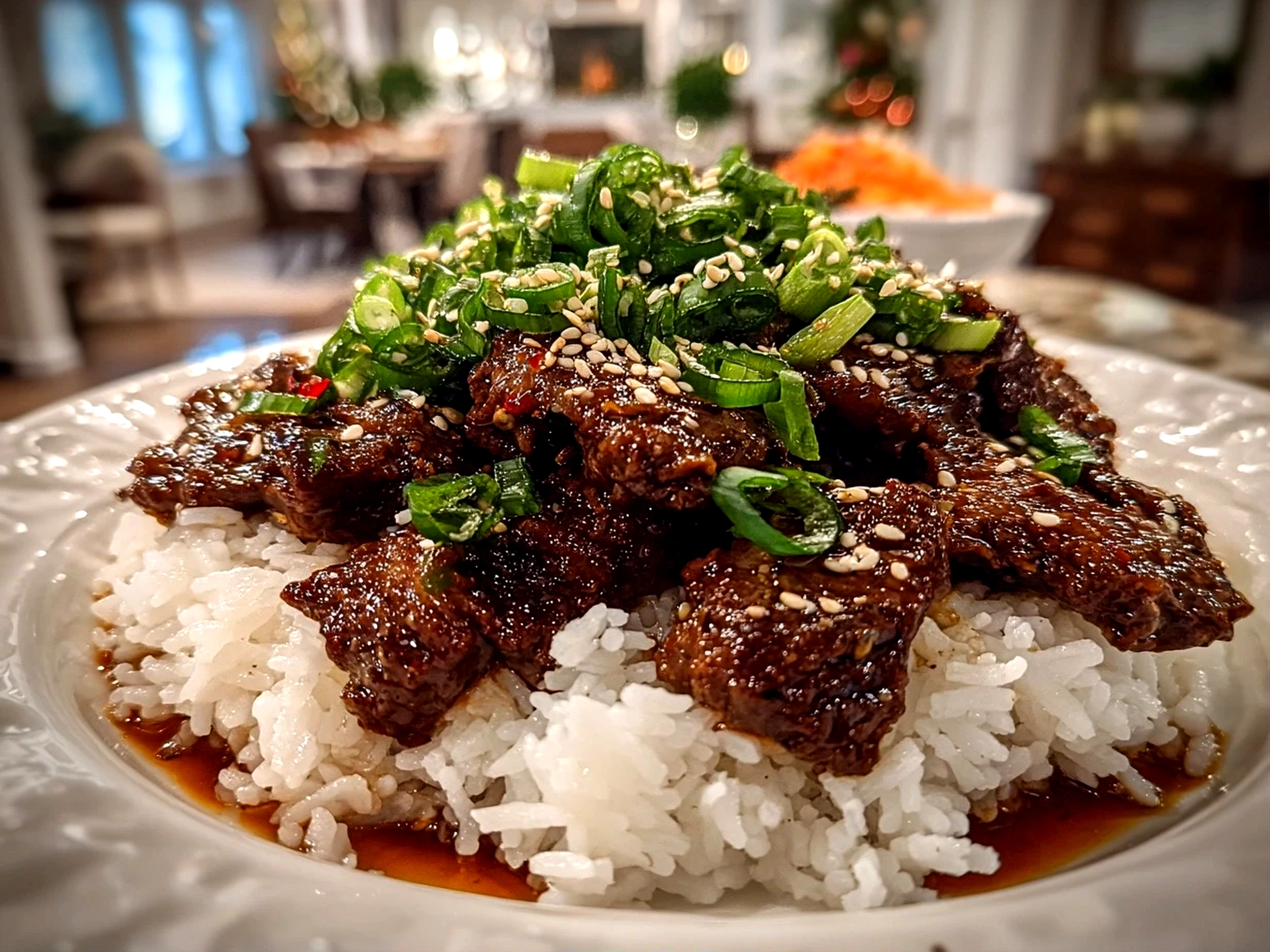 Homemade Korean BBQ Beef on white plate
