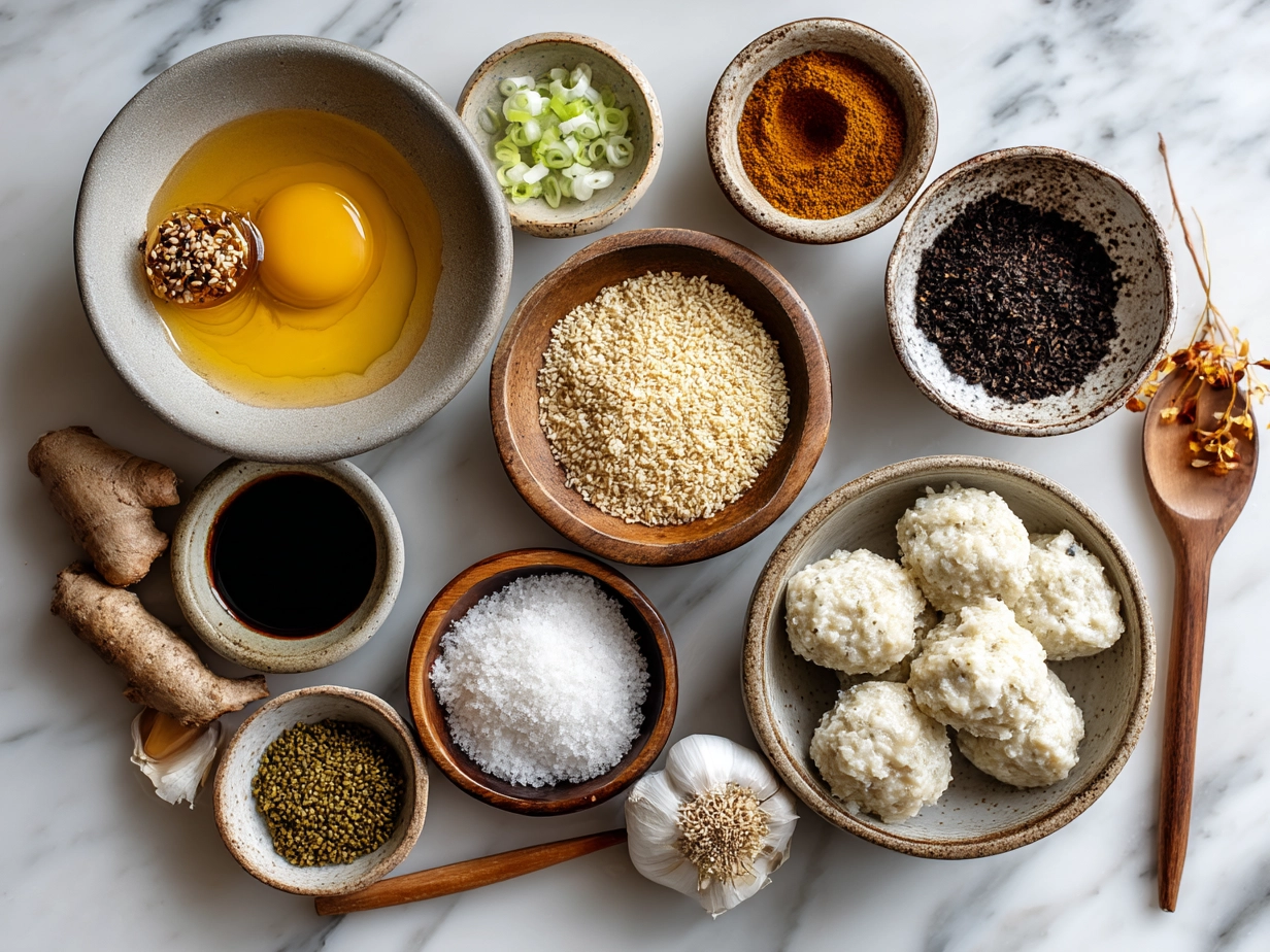 Ingredients for honey garlic meatballs including ground beef, breadcrumbs, egg, garlic, green onions, honey, soy sauce, rice vinegar, sesame oil, ginger, salt, and pepper