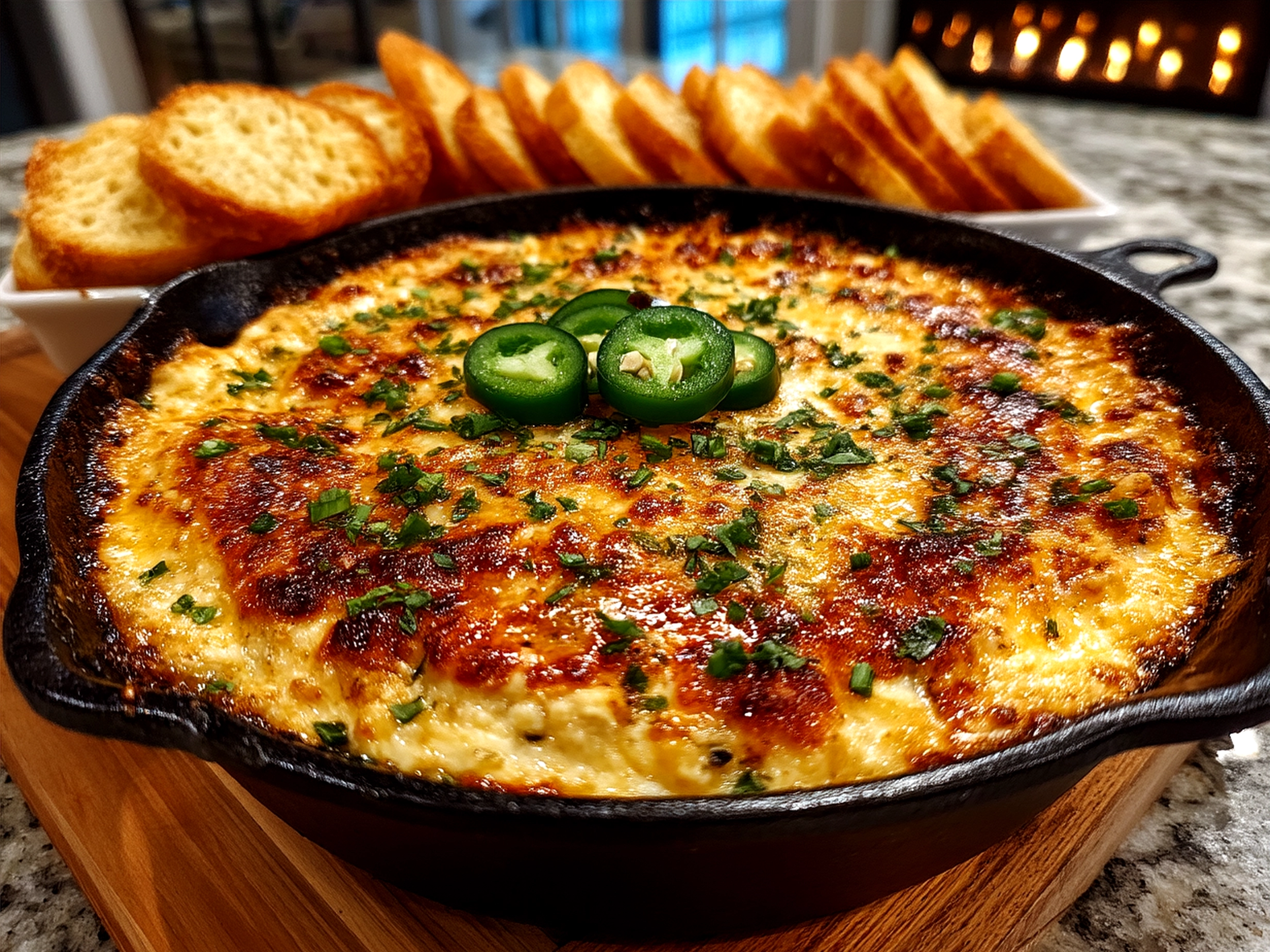 Serving baked jalapeño popper dip with fresh vegetables and pita chips