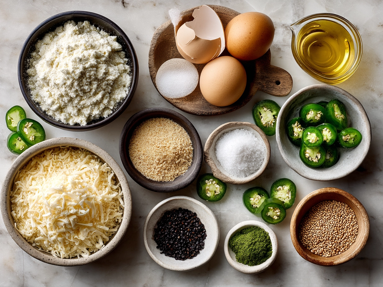 Ingredients for a creamy jalapeño popper dip on a wooden surface