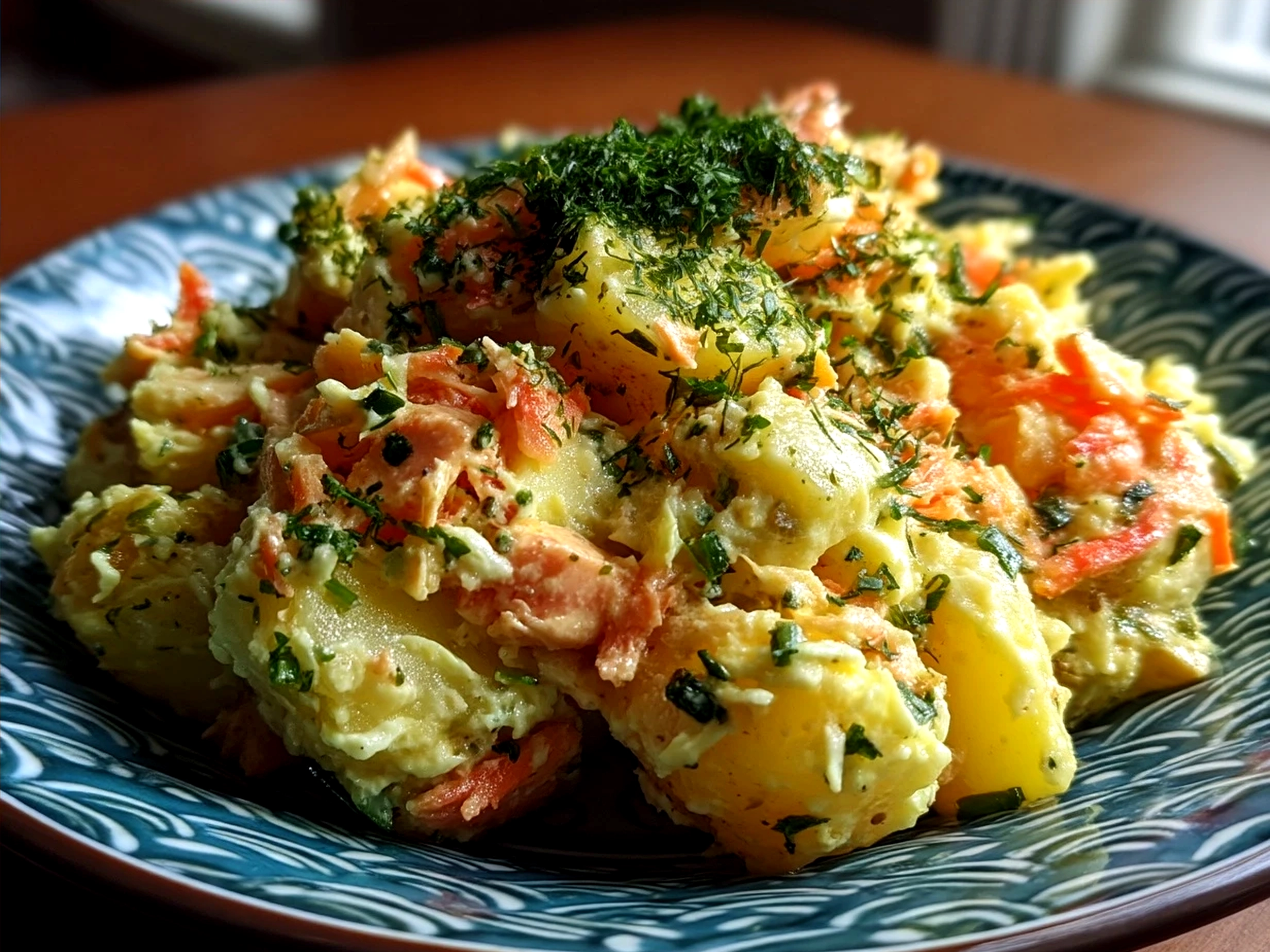 Creamy Japanese Potato Salad served in a bowl garnished with scallions and sesame seeds