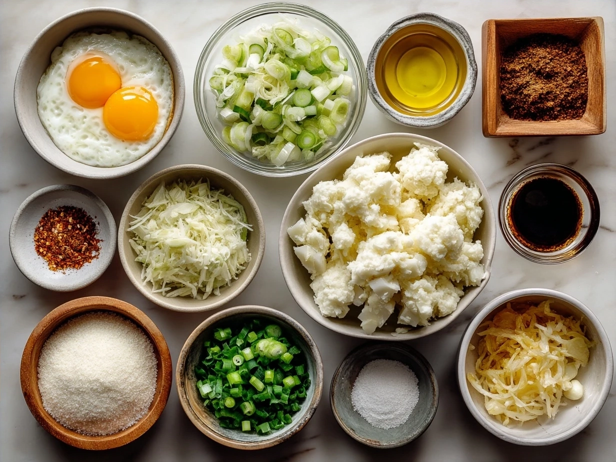 Ingredients laid out for Japanese Potato Salad with potatoes, carrots, cucumber, and Japanese mayo