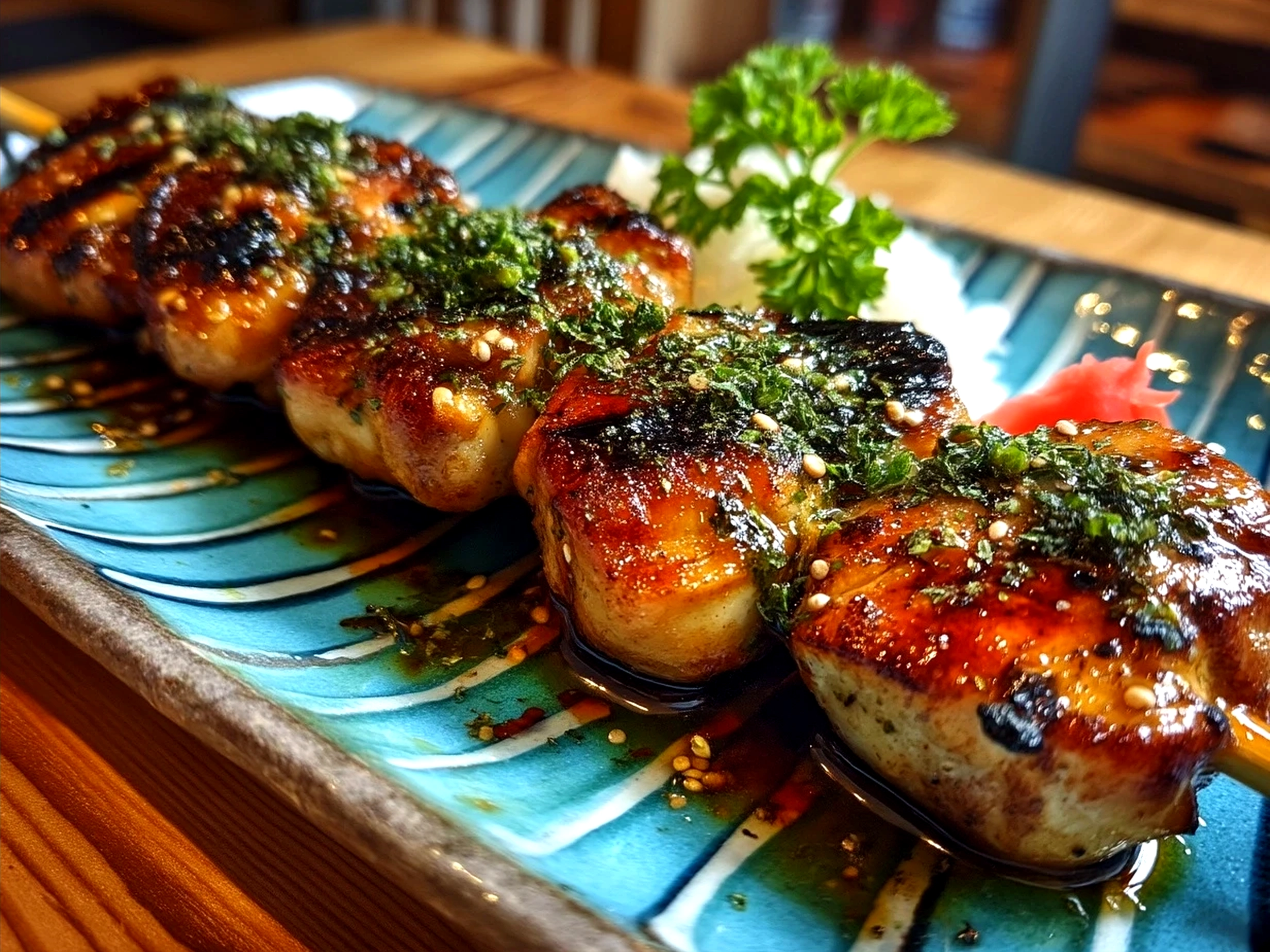 Plated Japanese Yakitori Grilled Chicken skewers served with vegetables and rice