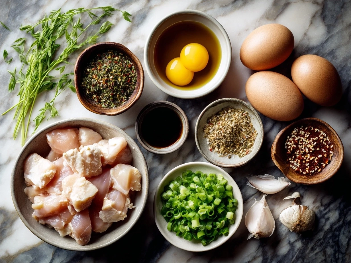 Ingredients for Japanese Yakitori Grilled Chicken laid out in bowls and plates