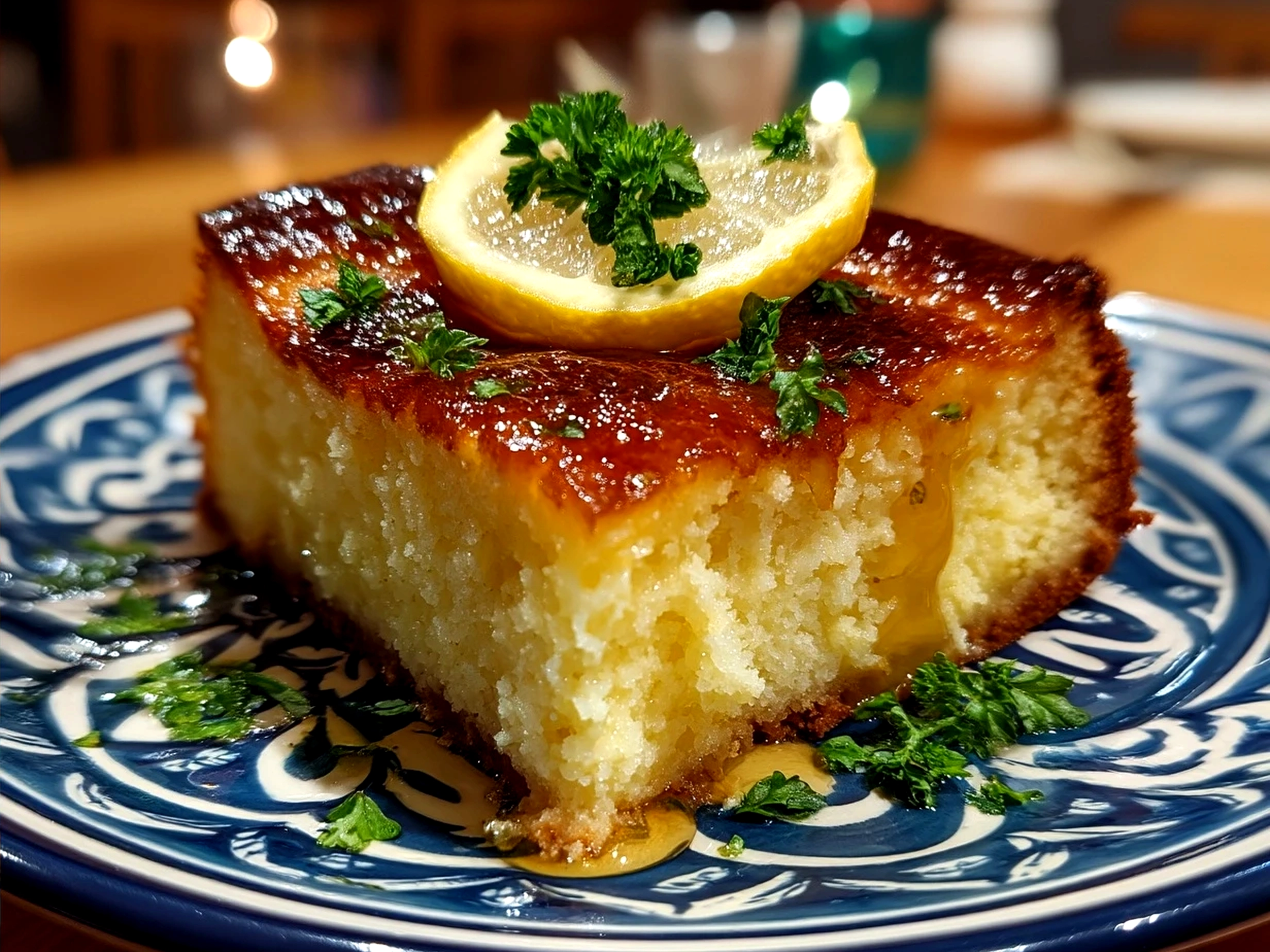 A beautifully sliced lemon custard cake served on a plate ready to enjoy