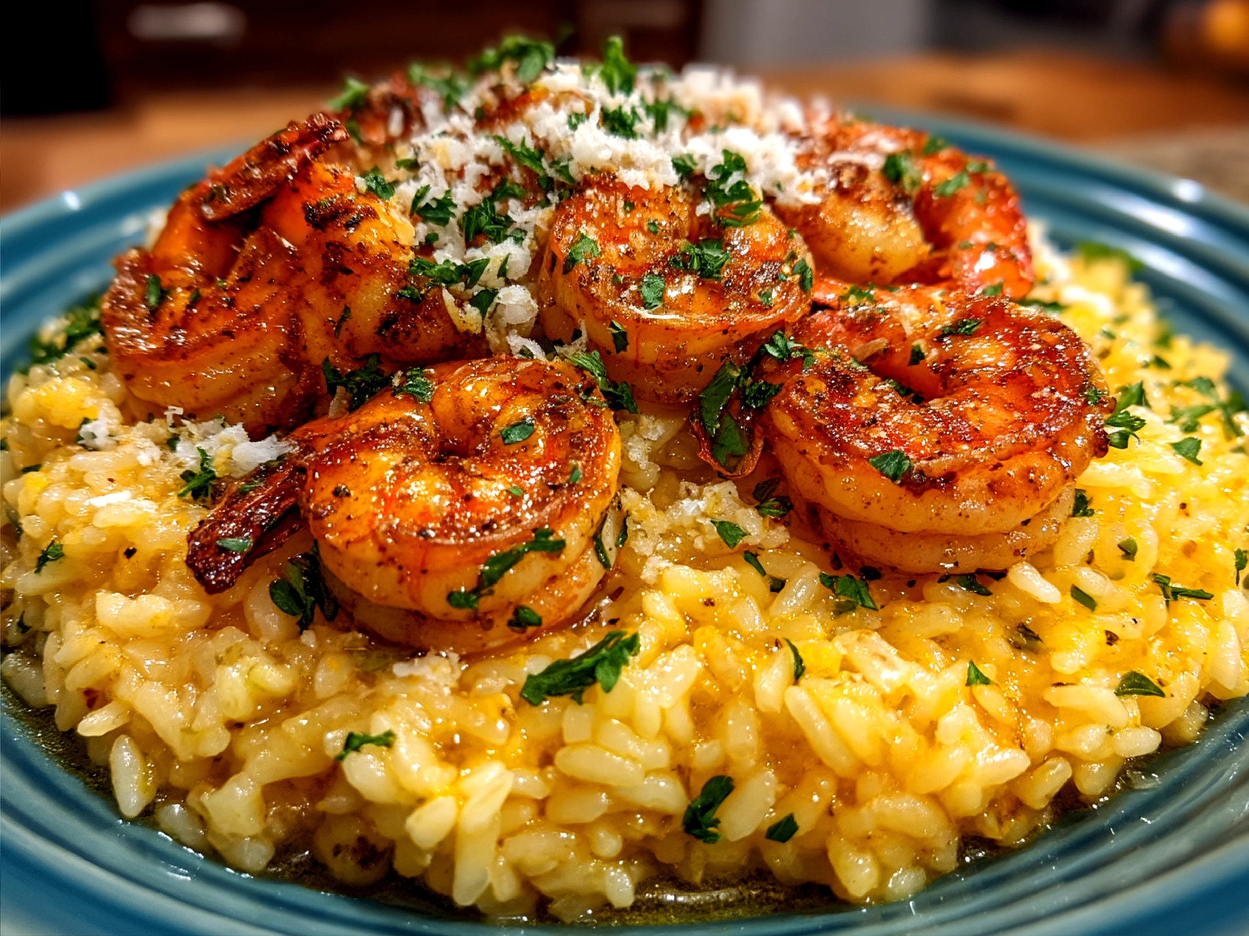 Served Lemon Garlic Shrimp Risotto garnished with fresh parsley and olive oil drizzle
