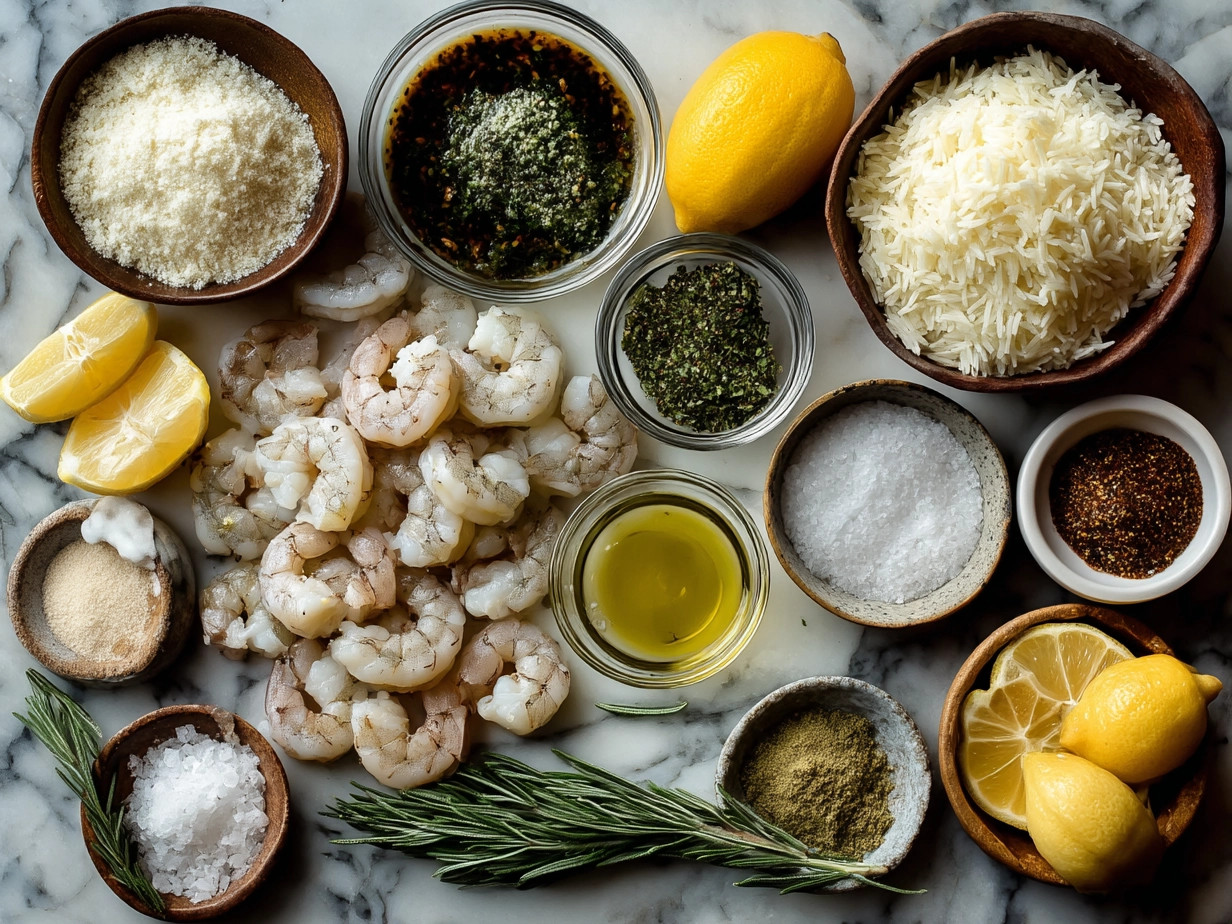 Ingredients for Lemon Garlic Shrimp Risotto including Arborio rice, shrimp, garlic, lemon, and broth