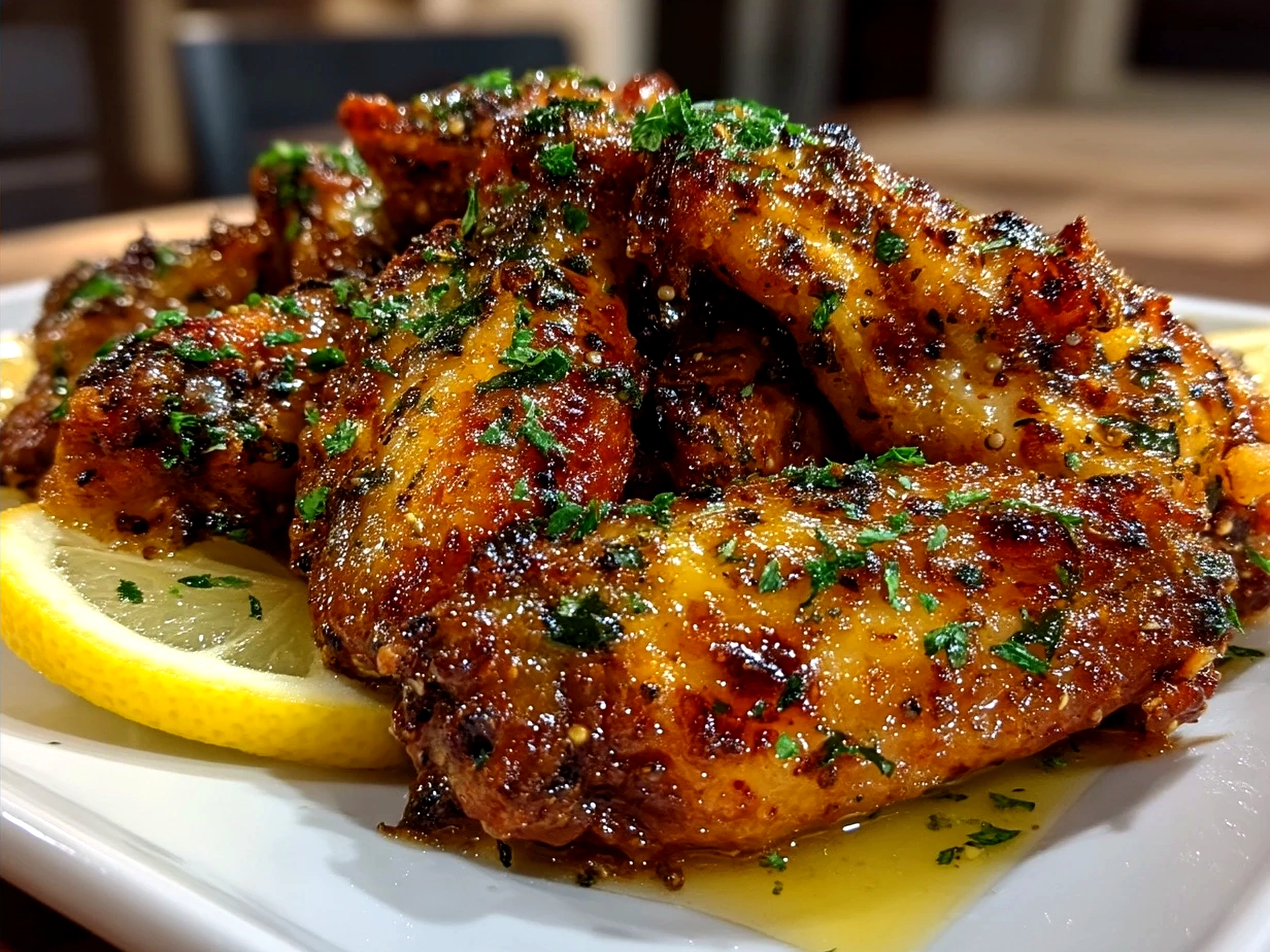 Serving plate of crispy golden Lemon Pepper Wings ready to eat