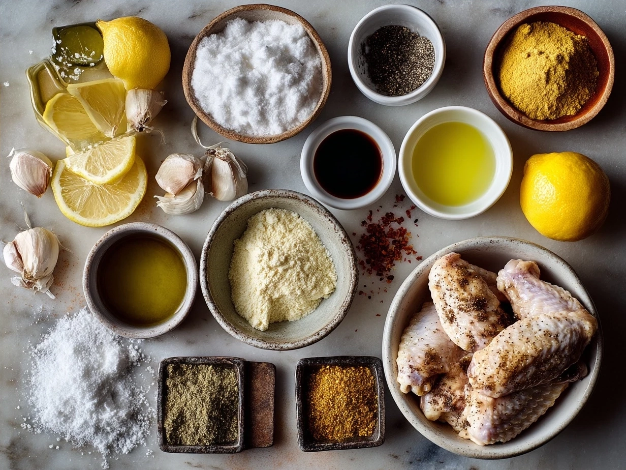Ingredients for Lemon Pepper Wings: raw chicken wings, lemon, lemon pepper seasoning, olive oil