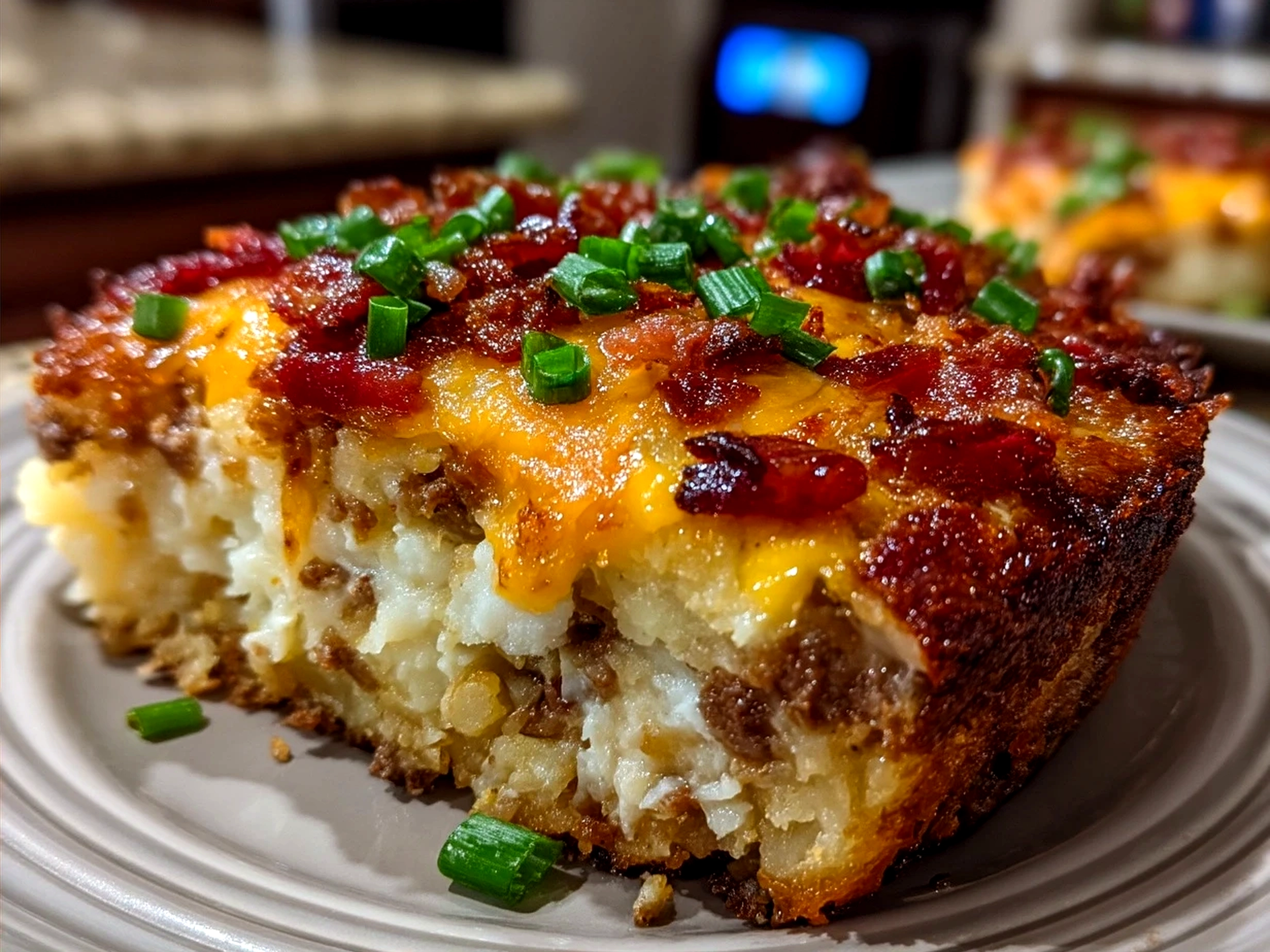 Serving of loaded beef potato casserole garnished with fresh parsley next to a crisp green salad
