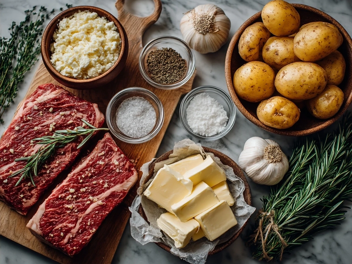 Ingredients laid out for loaded beef potato casserole including ground beef, potatoes, cheese, and seasonings