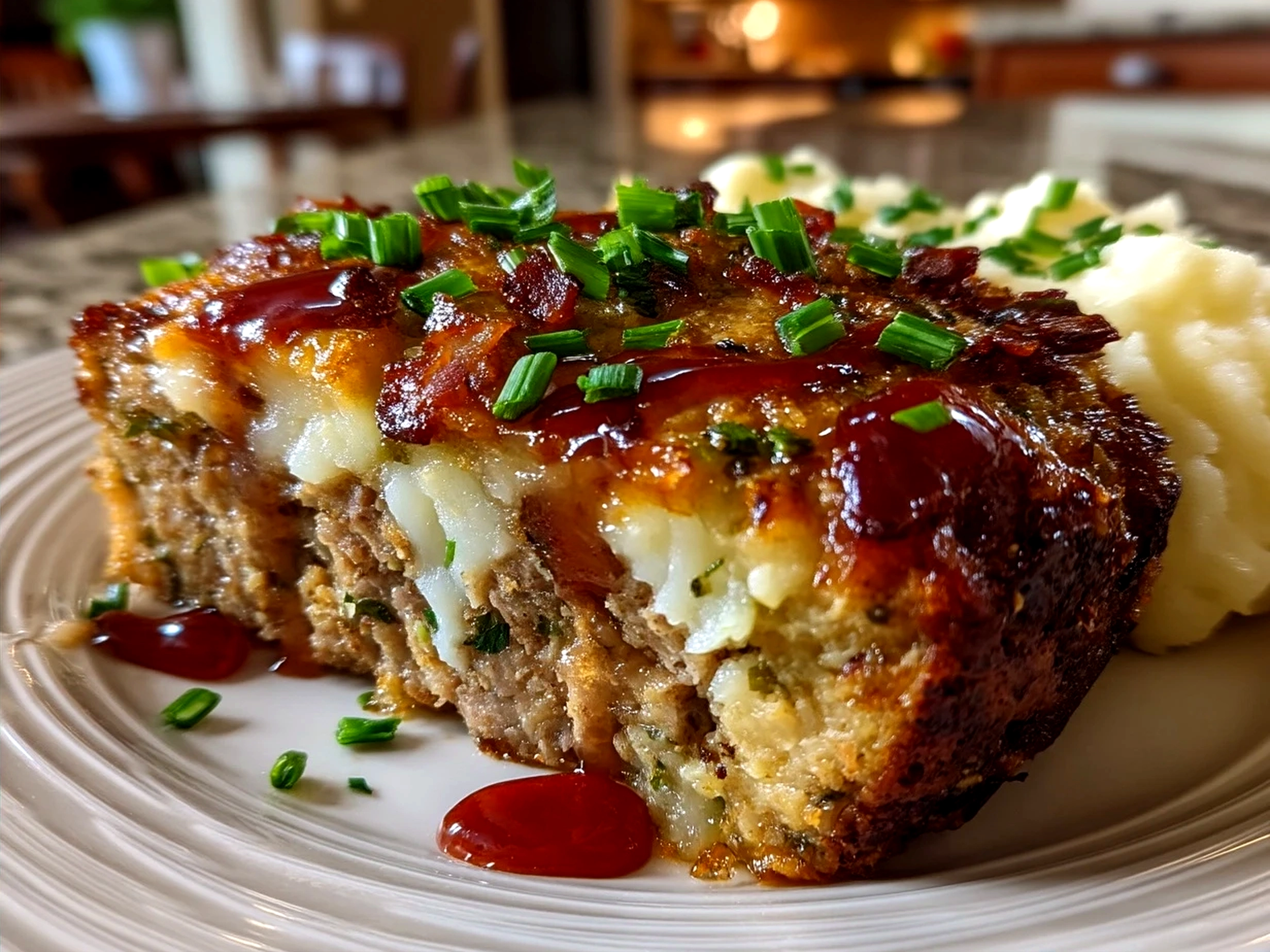 Served Loaded Potato Meatloaf garnished with fresh chives and green onions