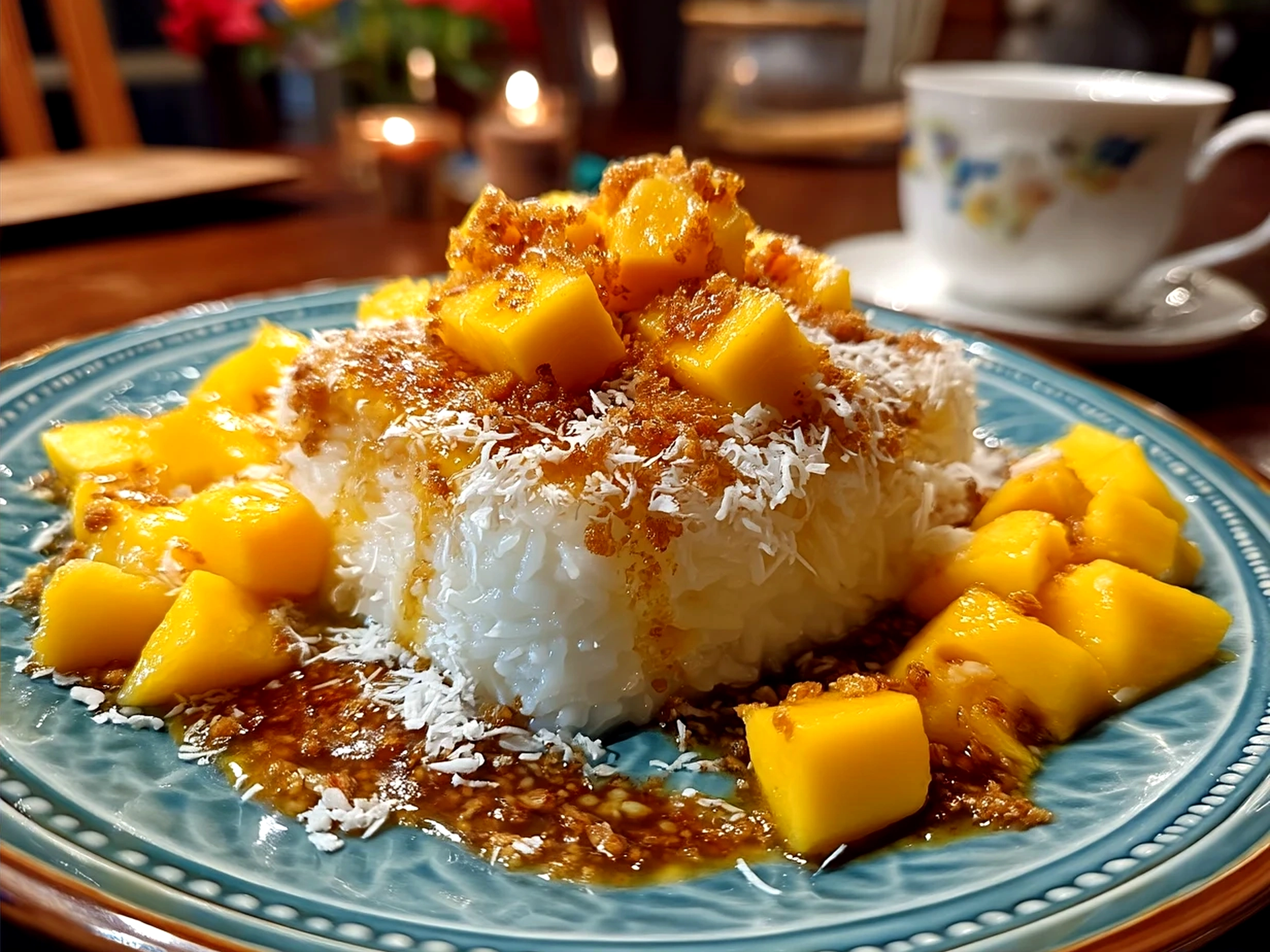 Serving Mango Sticky Rice: creamy coconut sticky rice with ripe mango slices on a white plate
