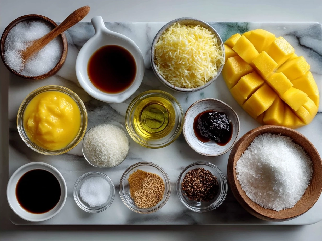 Ingredients for Mango Sticky Rice: glutinous rice, coconut milk, mangoes, and coconut sugar