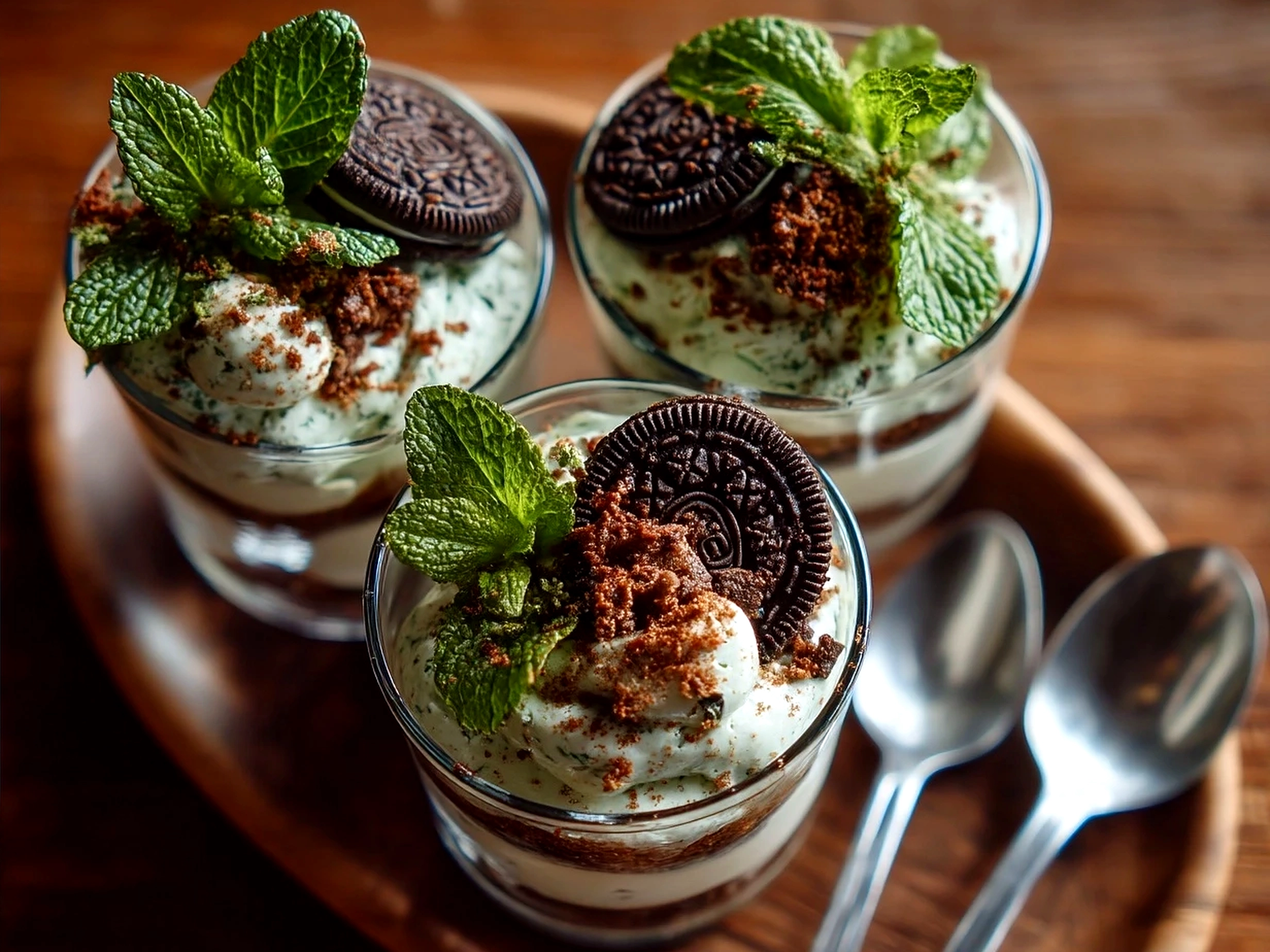 Final presentation of Mint Oreo Parfaits in a clear glass showing layers
