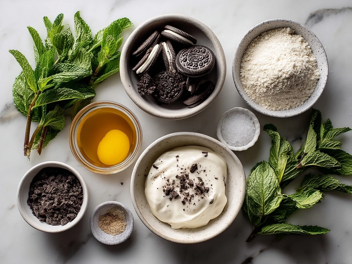 Ingredients for Mint Oreo Parfaits arranged on a table