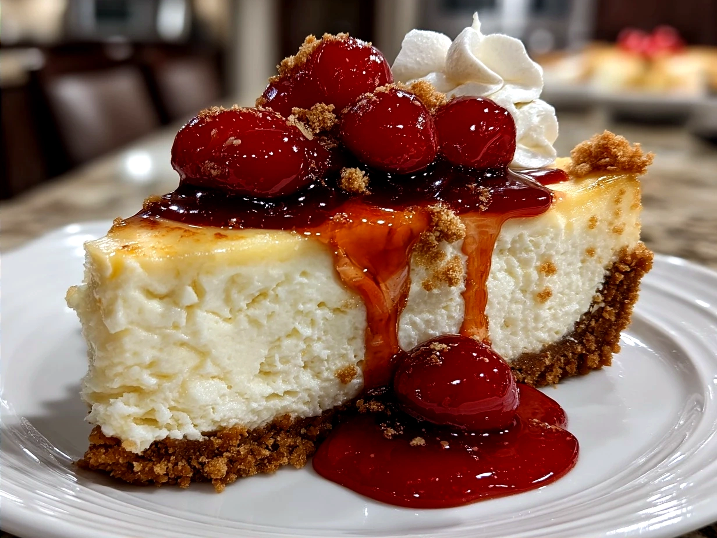 A slice of No Bake Classic Woolworth Cheesecake elegantly plated with fresh berries and a soft cloth napkin