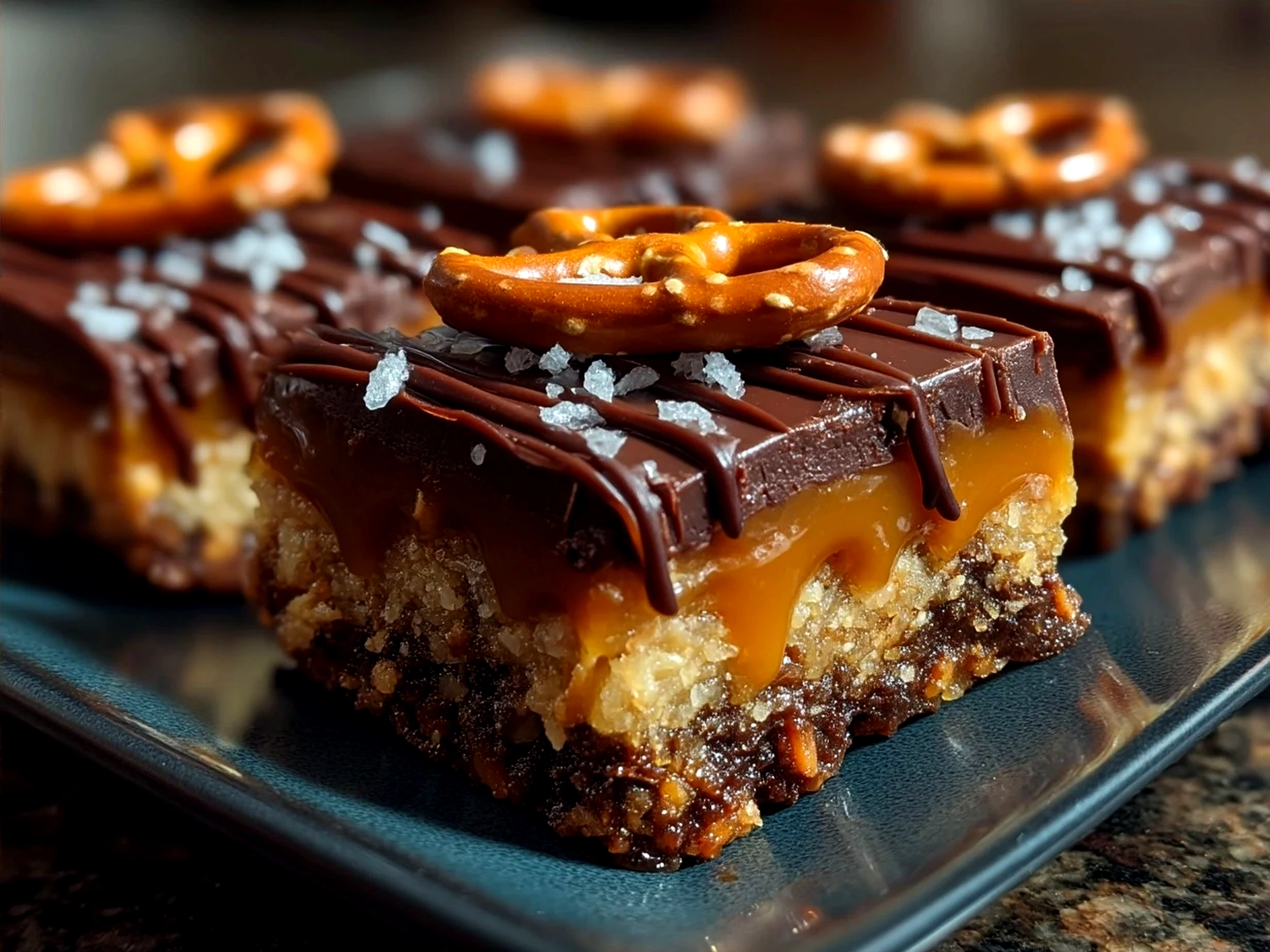 Delicious No Bake Salted Caramel Pretzel Bars served on a rustic wooden board