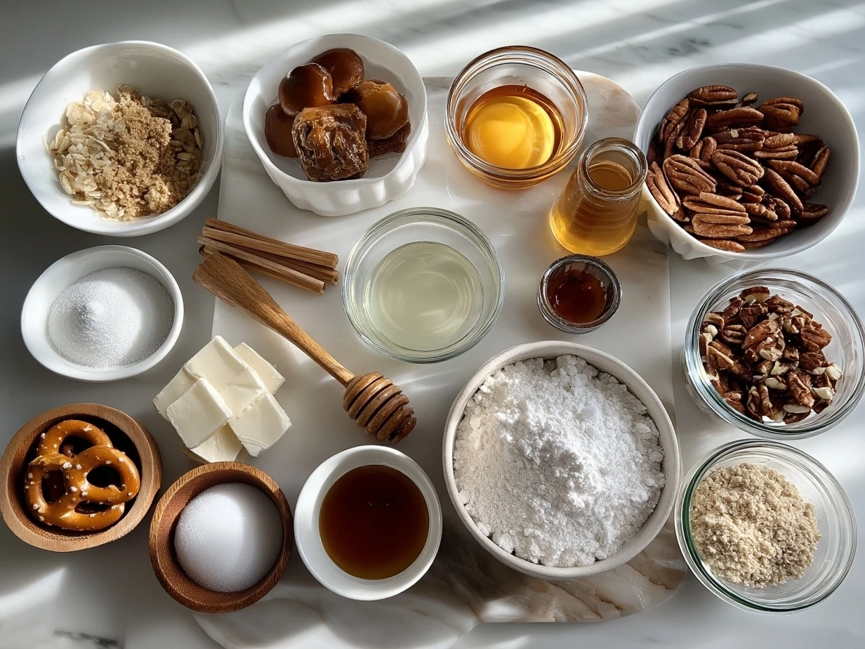 Ingredients for No Bake Salted Caramel Pretzel Bars including pretzels, oats, almond flour, butter, and caramel ingredients