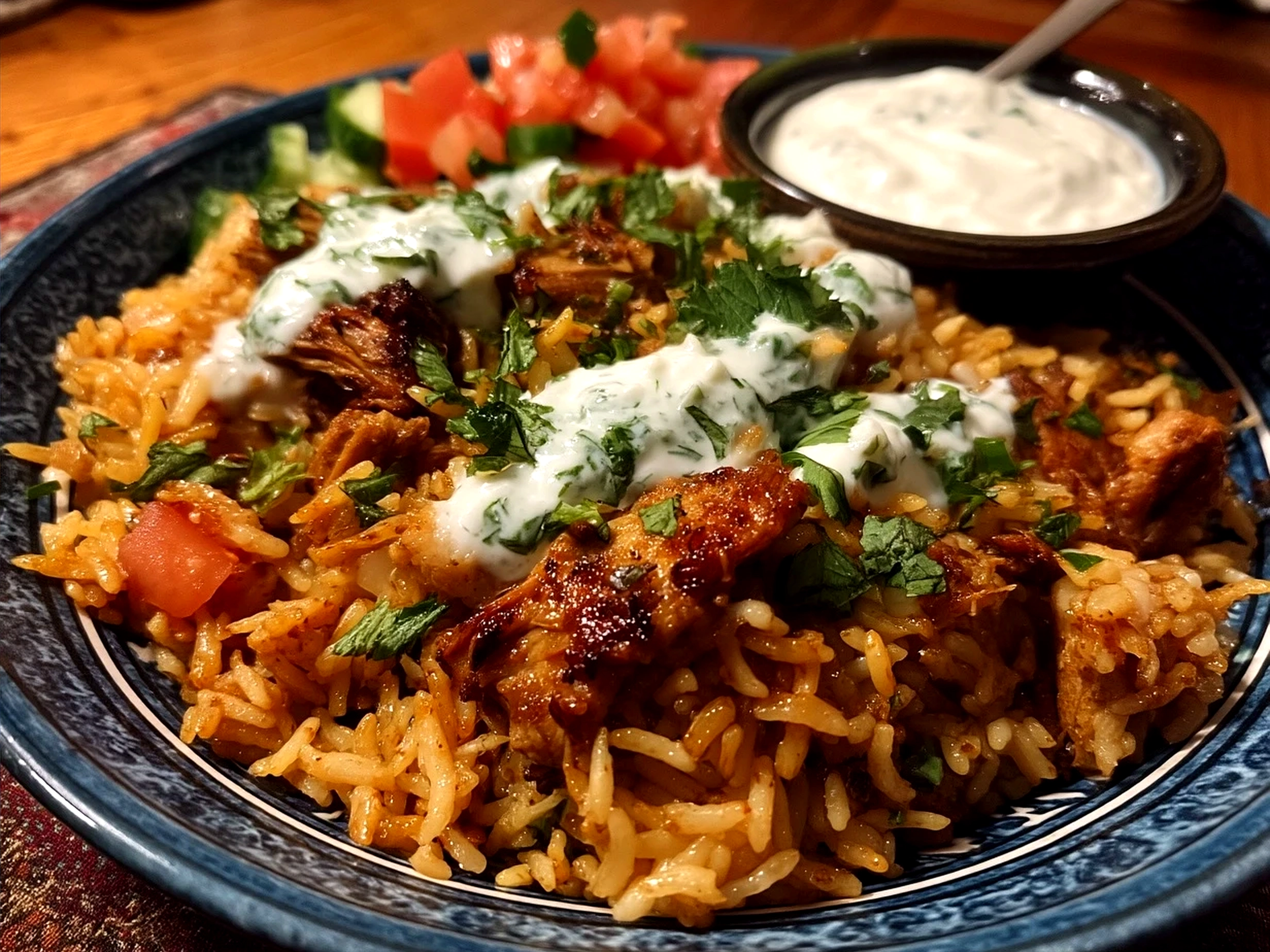 Serving of One-Pot Chicken Shawarma Rice garnished with fresh herbs