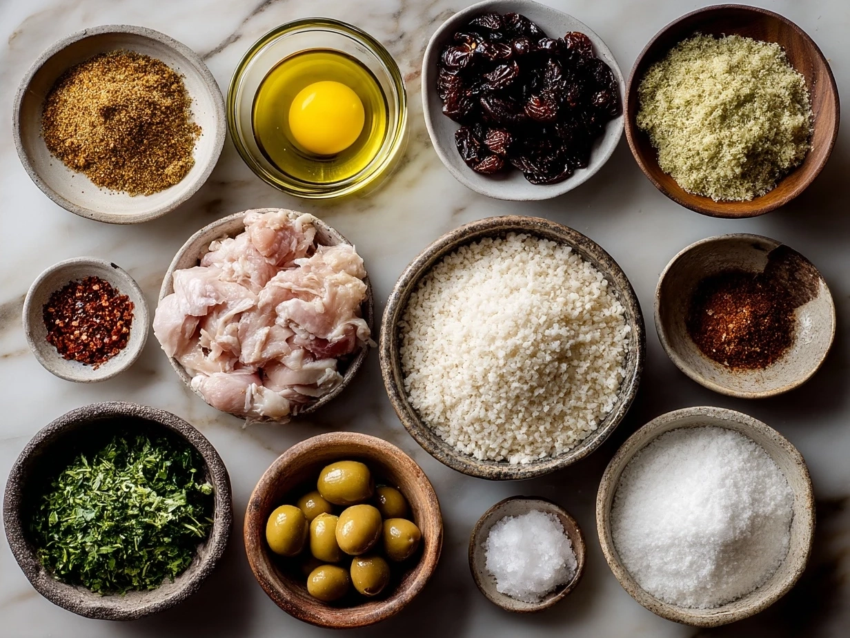 Ingredients for One-Pot Chicken Shawarma Rice including chicken thighs, rice, olive oil, onions, garlic, and spices
