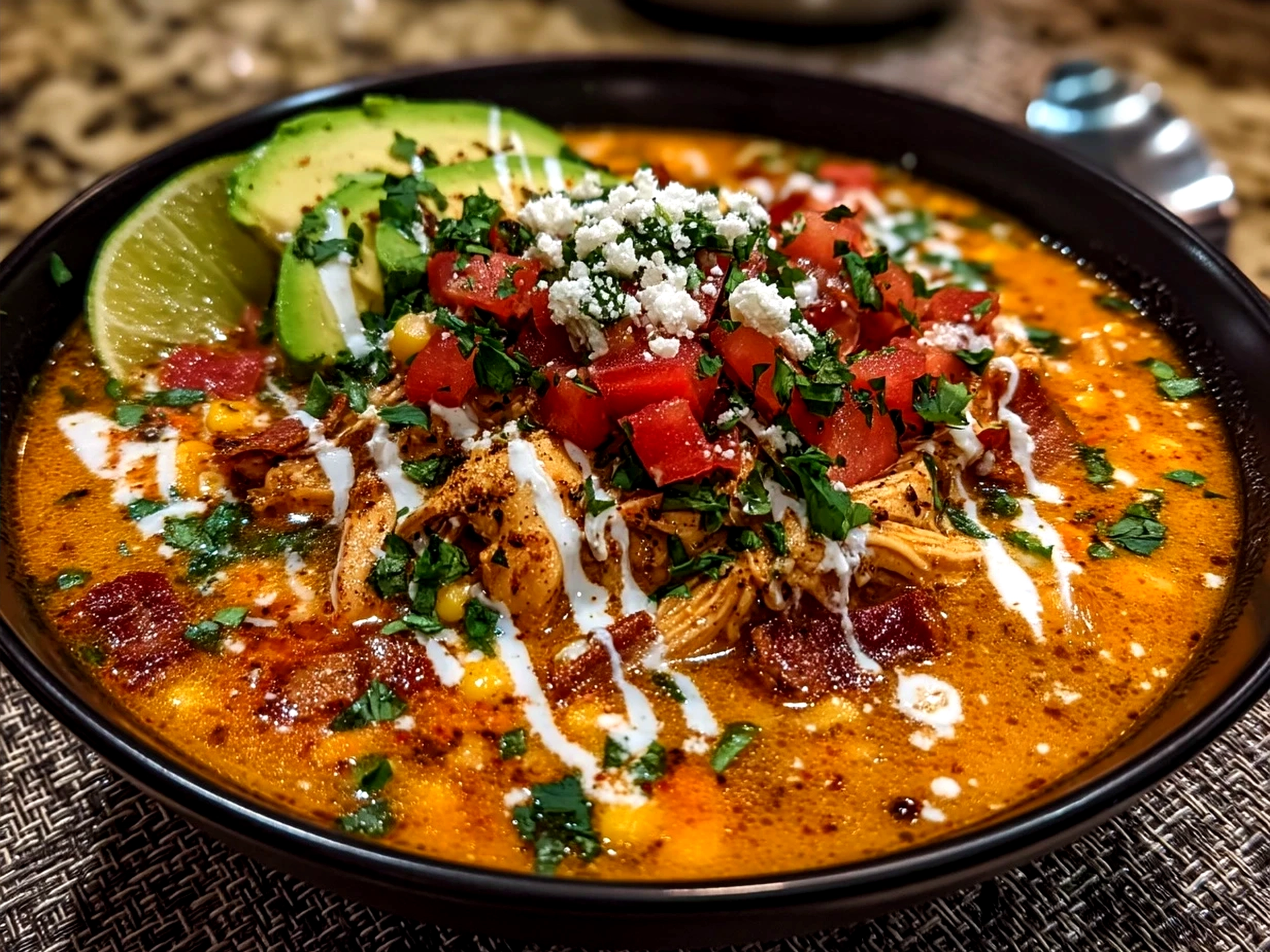Bowl of creamy chicken taco soup garnished with fresh cilantro and lime wedges