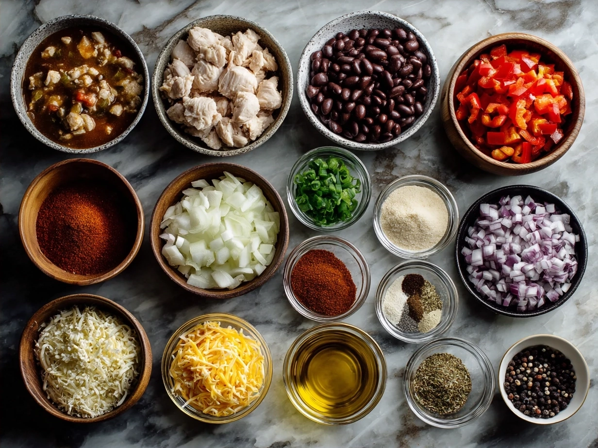 Ingredients laid out for One-Pot Creamy Chicken Taco Soup including olive oil, onion, chicken, beans, tomatoes, corn, chicken broth, cream, and spices
