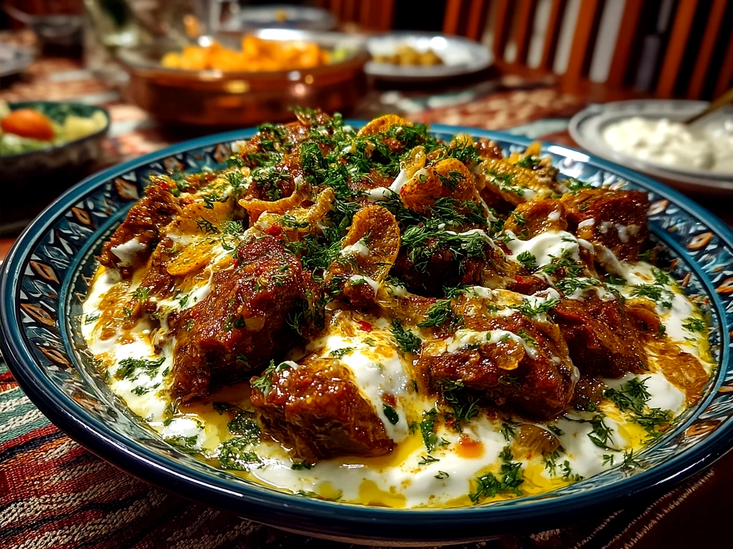 One-Pot Lamb Kalya with Yogurt and Cream served with rice and garnished with cilantro