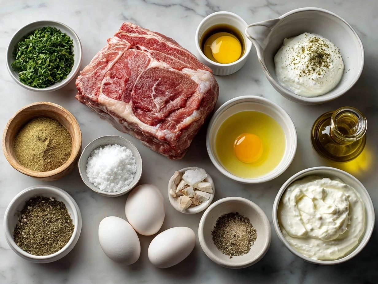 Ingredients for One-Pot Lamb Kalya with Yogurt and Cream neatly arranged