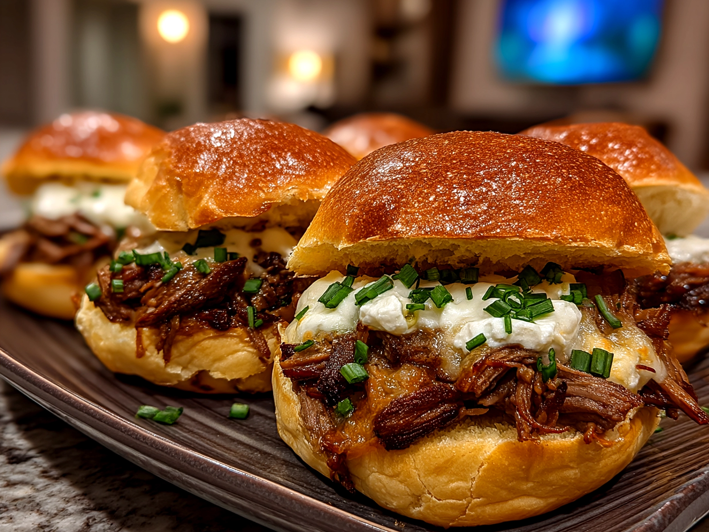 Plated Philly Cheesesteak Sliders with melted cheese and cooked veggies on slider buns.