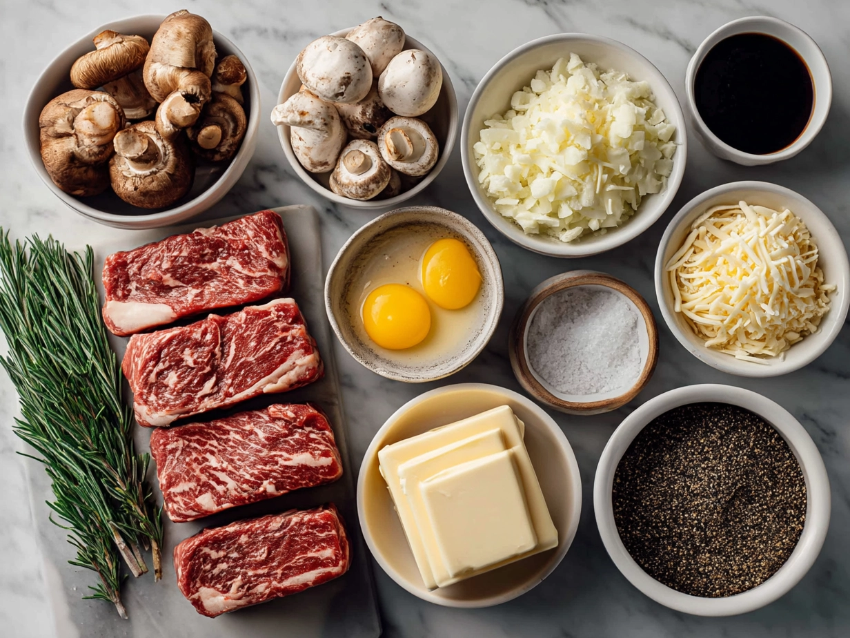 Ingredients laid out for making Philly Cheesesteak Sliders including ribeye steak, slider buns, onions, peppers, cheese, and oil.