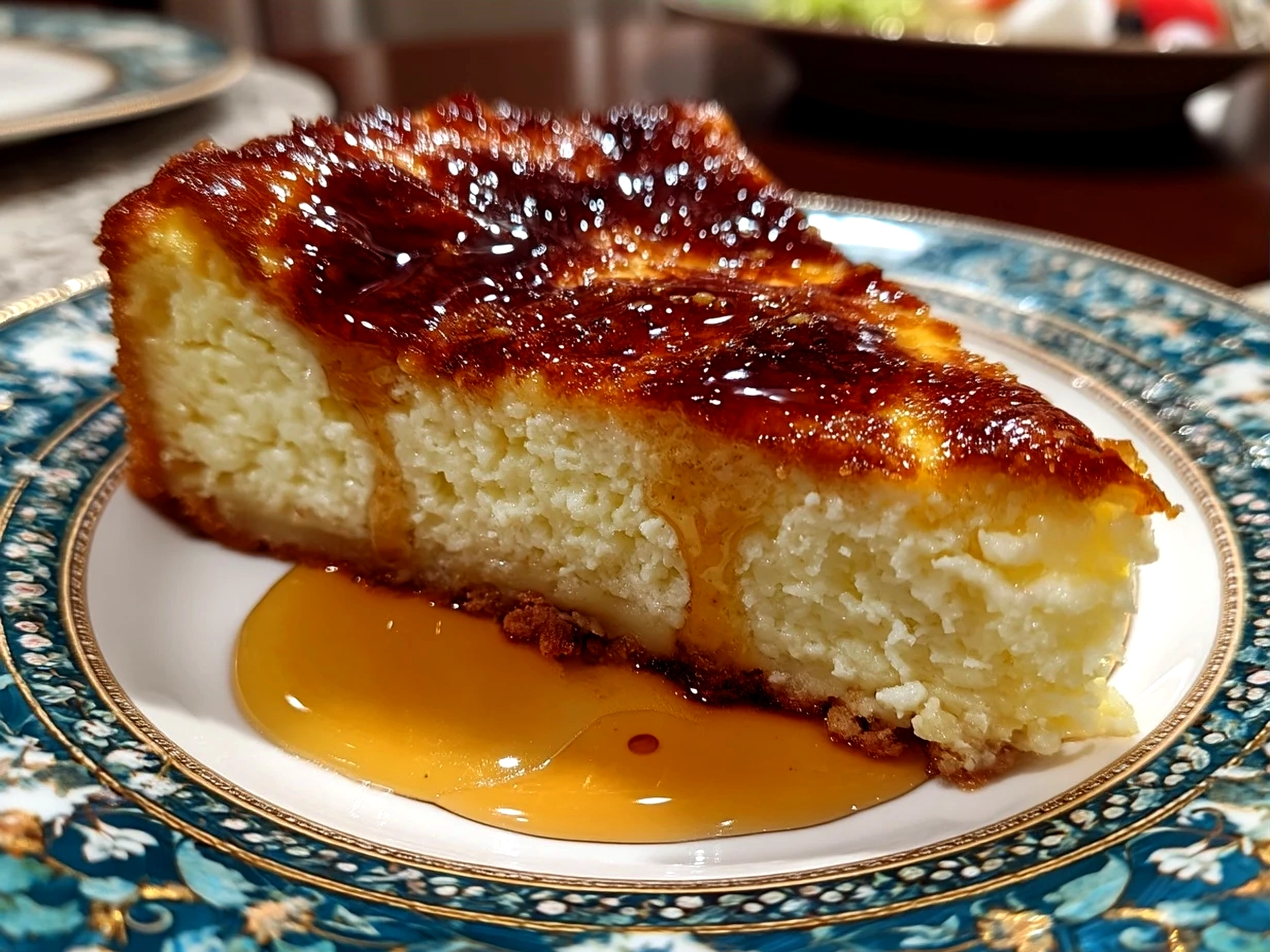 A slice of Polish Sernik served with fresh berries and powdered sugar
