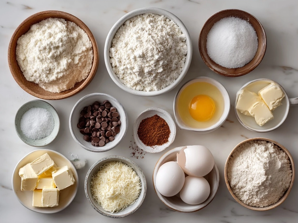 Ingredients laid out for Polish Sernik including cream cheese, eggs, sugar, flour, lemon, and butter