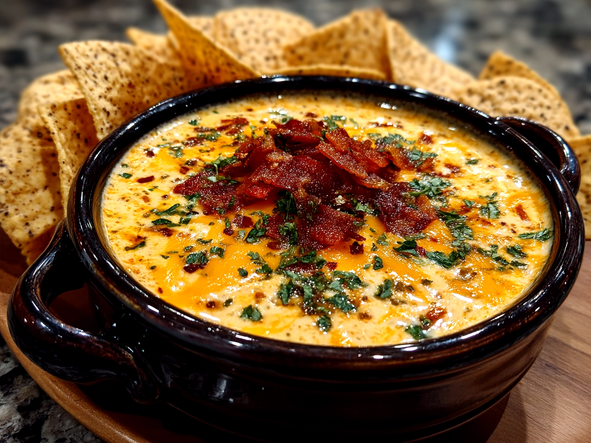 Serving soulful Queso with tortilla chips, fresh vegetables, and avocado