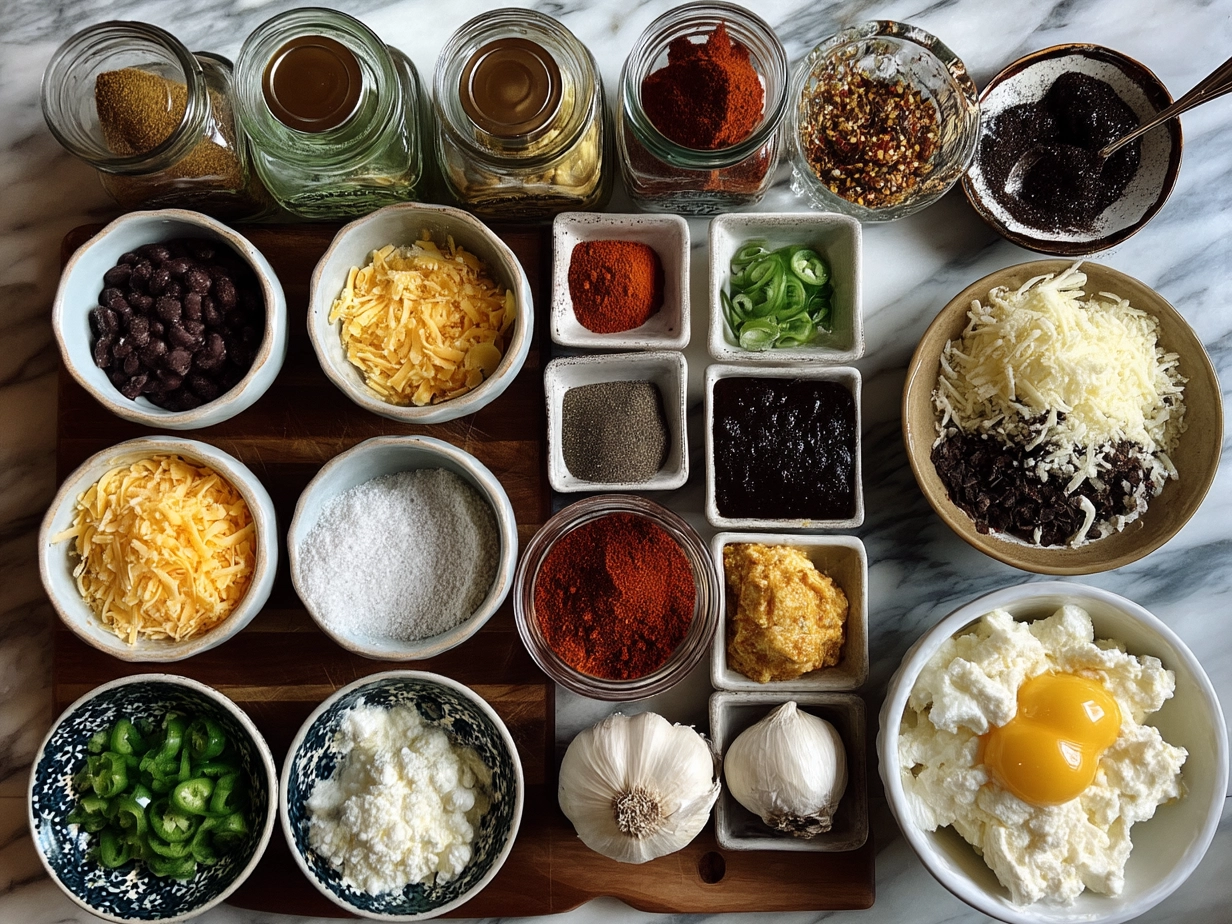 Ingredients for soulful Queso: shredded white cheddar, queso fresco, milk, butter, jalapeño, garlic, and spices