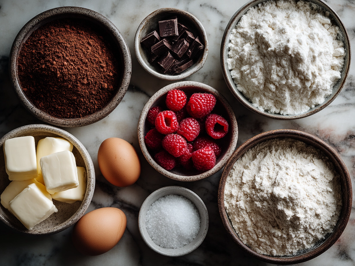 Soulful ingredients for Raspberry Filled Chocolate Cupcakes including flour, cocoa powder, butter, eggs, and raspberry jam