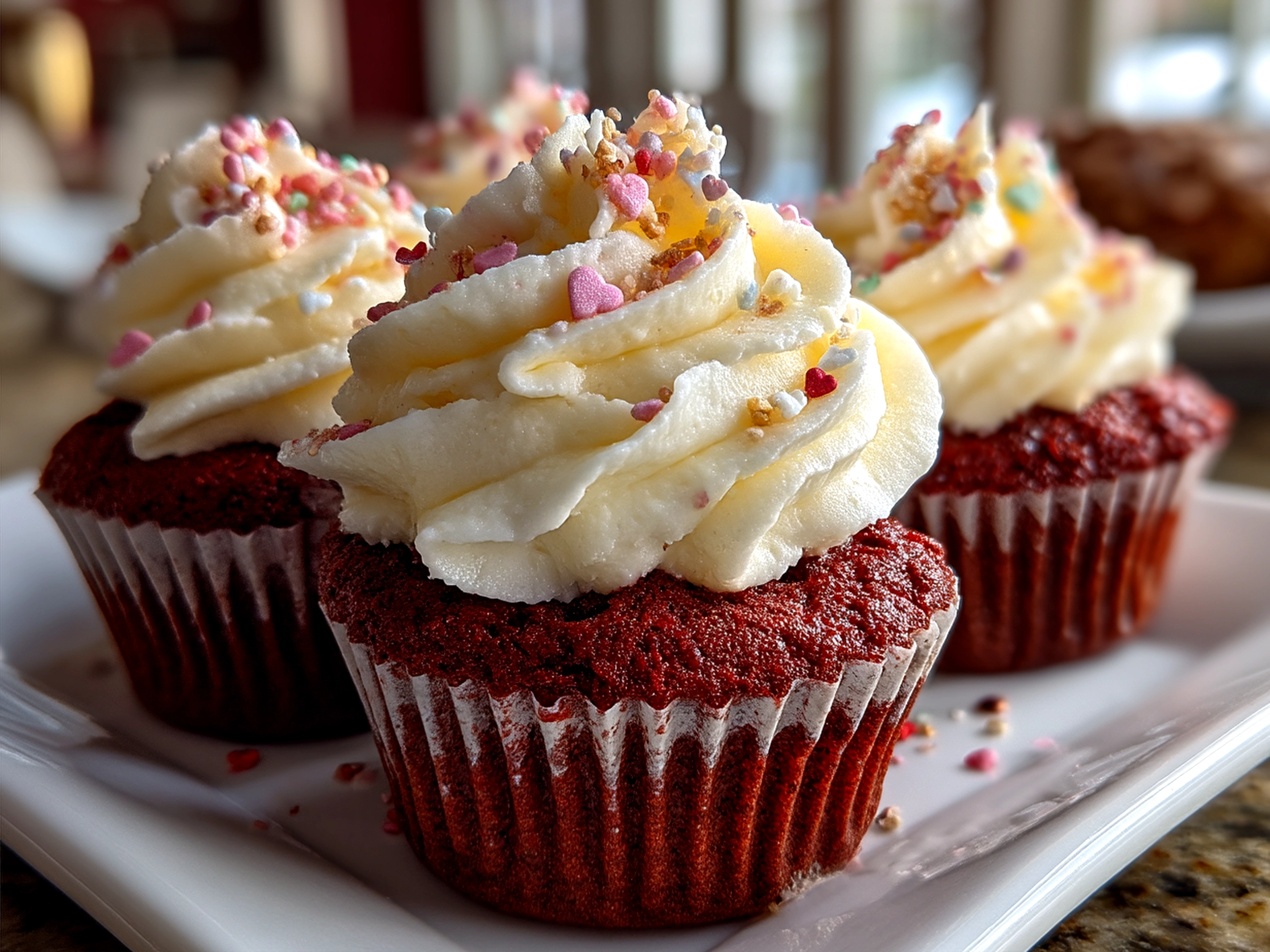 Plated Red Velvet Valentine Cupcakes with cream cheese frosting and heart-shaped sprinkles