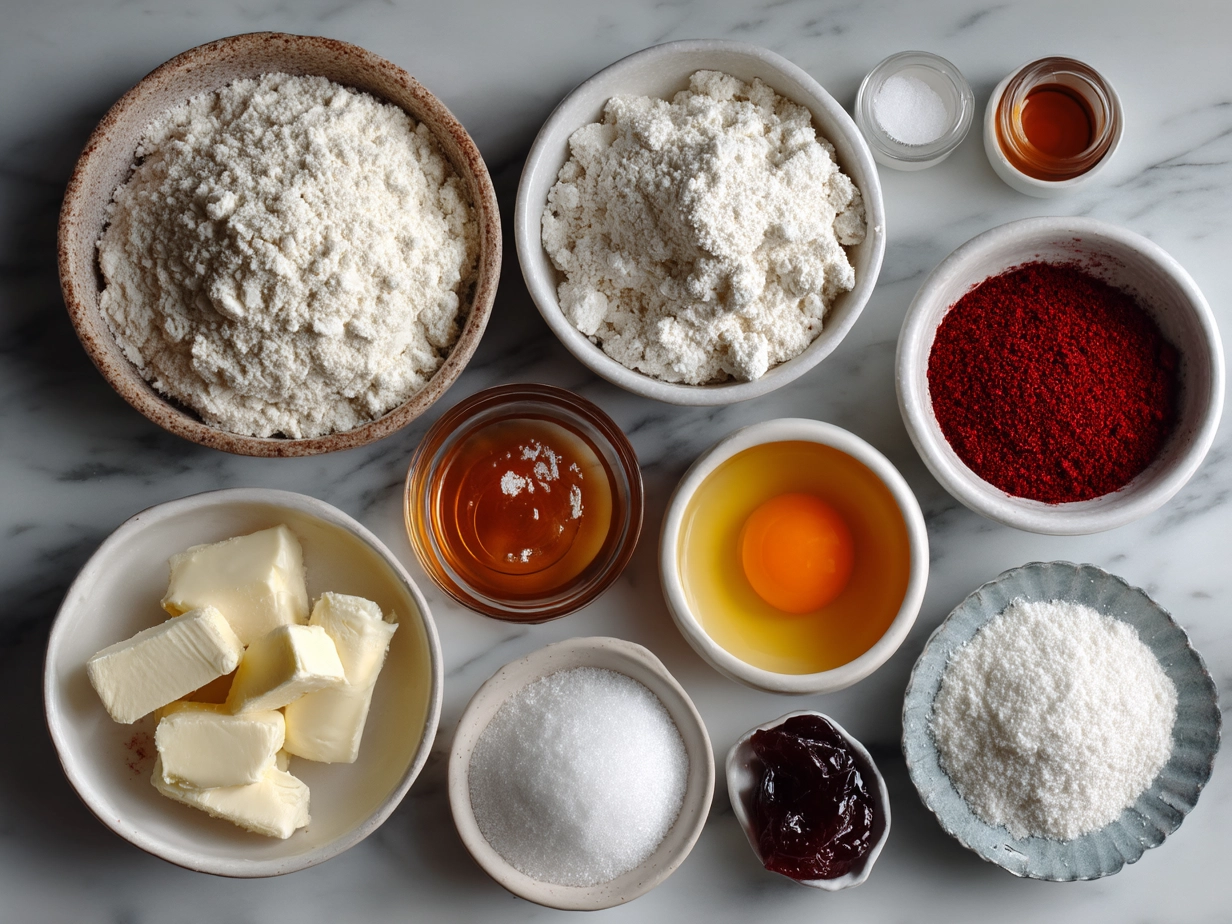 Ingredients for Red Velvet Valentine Cupcakes laid out on a kitchen table