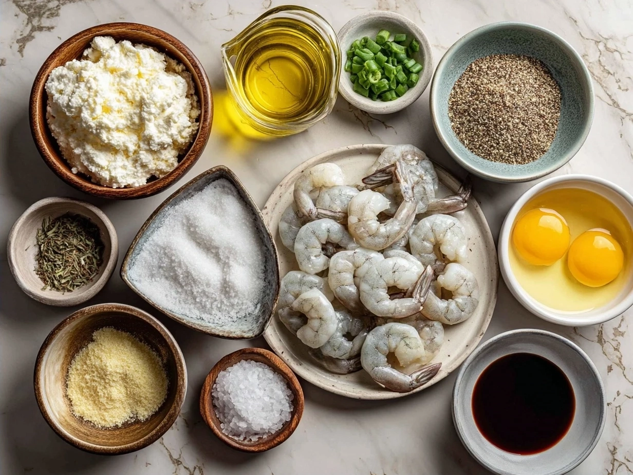 Ingredients for soulful shrimp casserole with shrimp, rice, cheese, and vegetables