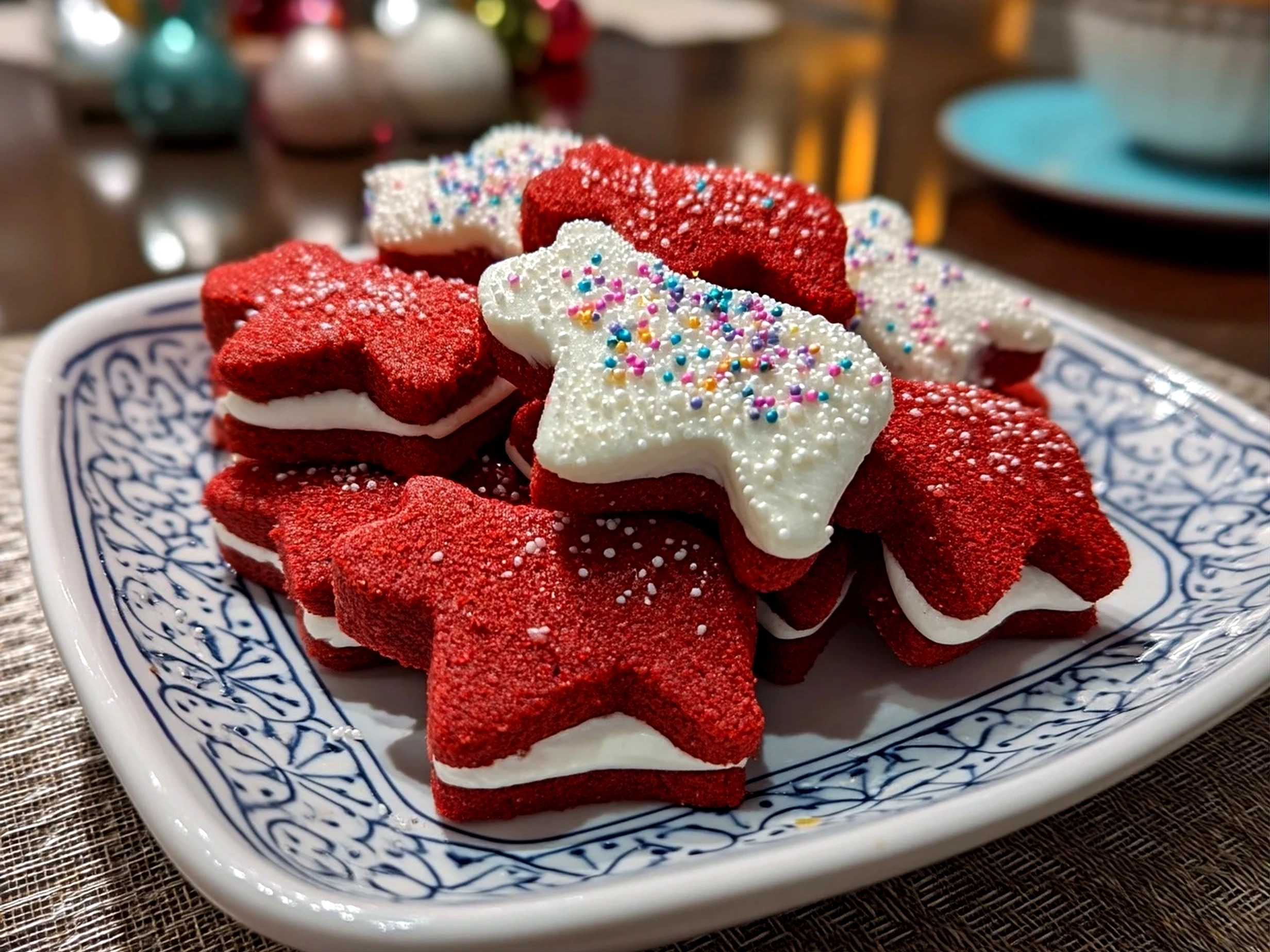 Close-up of finished beautiful red velvet bear cookies on a plate