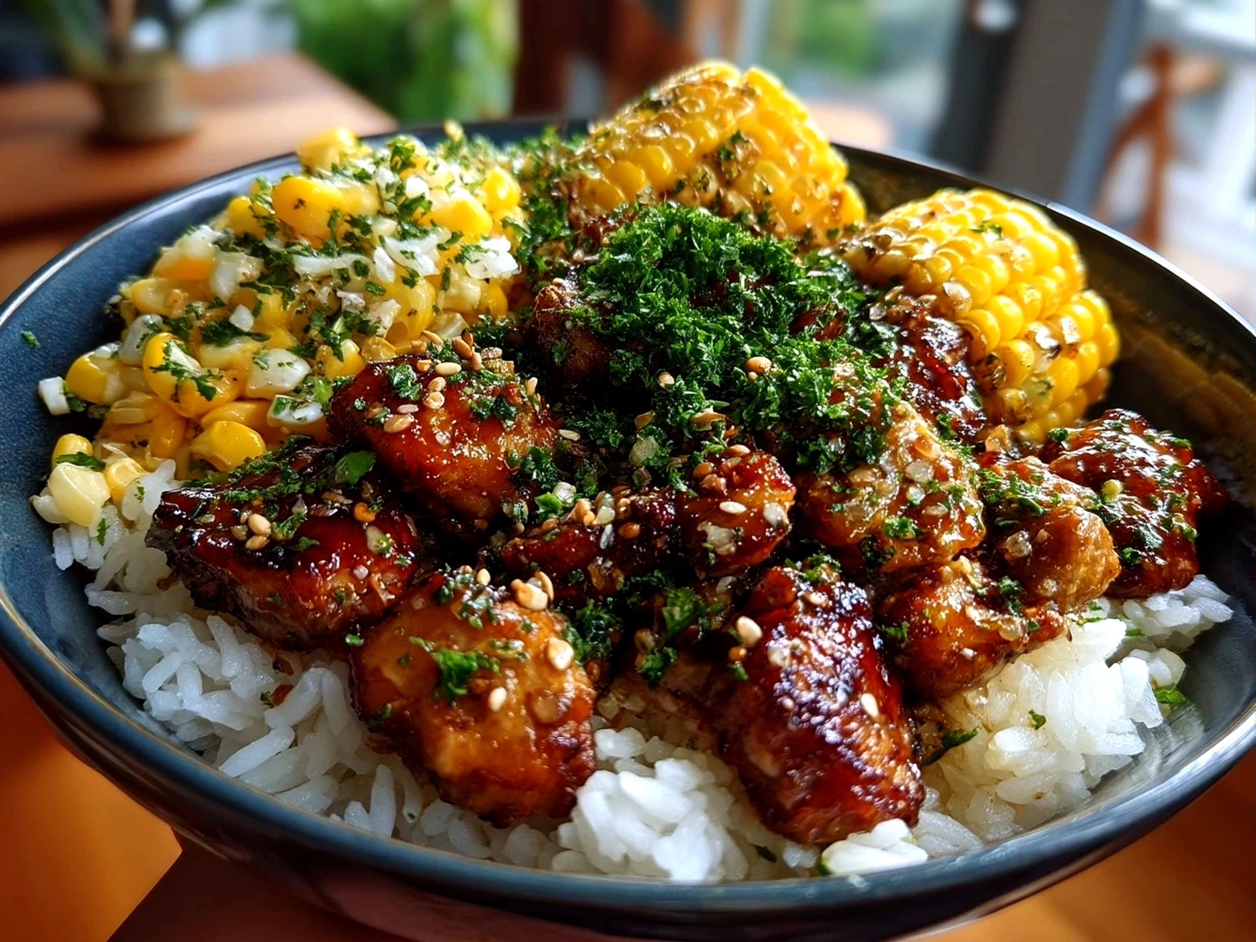 Slight angle close-up of finished Chicken Rice Bowl with Street Corn showing grilled chicken, creamy corn topping, and vibrant cilantro lime rice